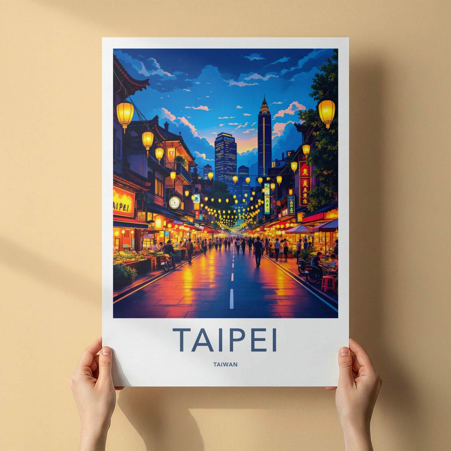 Taipei Poster - Taiwan Travel Art - Illuminated City Street Home Decor
