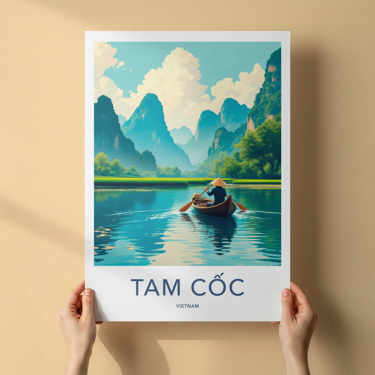 Tam Coc Poster - Vietnam Travel Art - Boater Green Mountains Home Decor