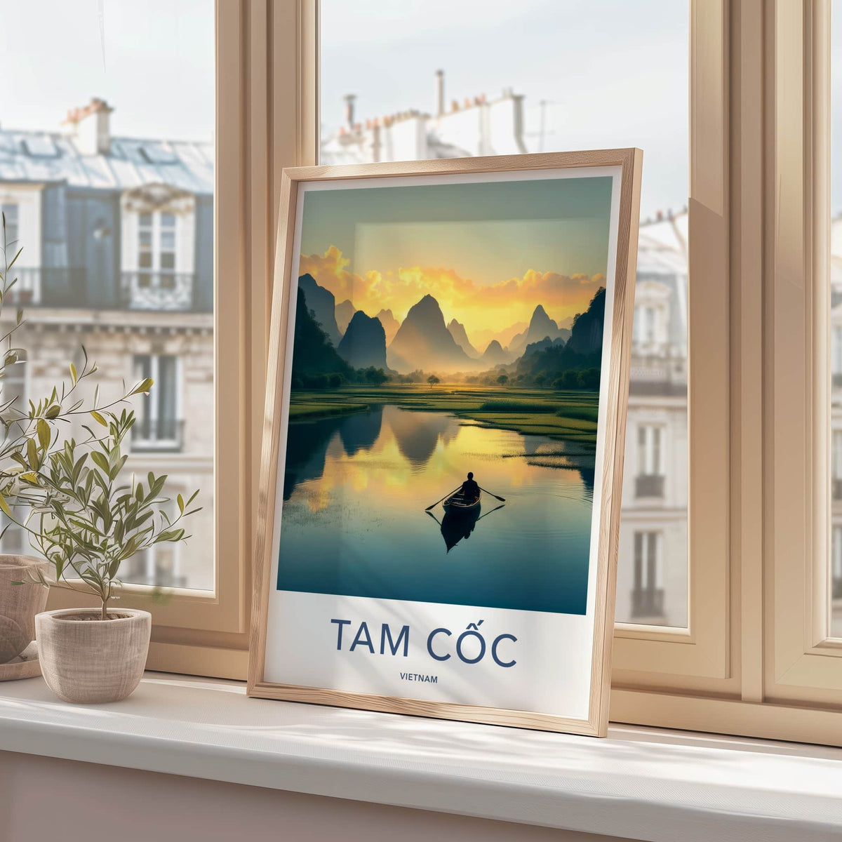 Tam Coc Poster - Vietnam Travel Print - Boat Mountain Sunset Wall Decor
