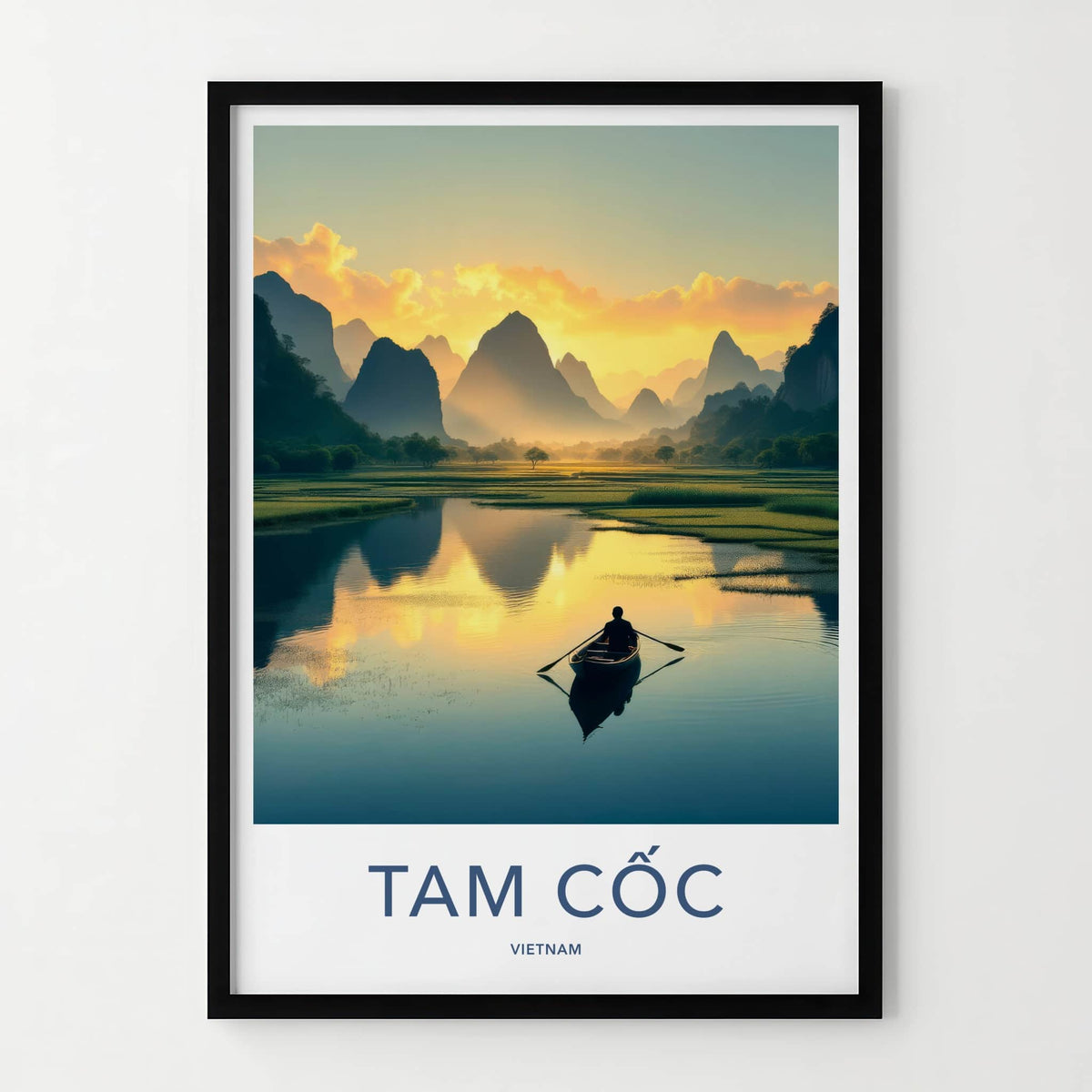 Tam Coc Poster - Vietnam Travel Print - Boat Mountain Sunset Wall Decor