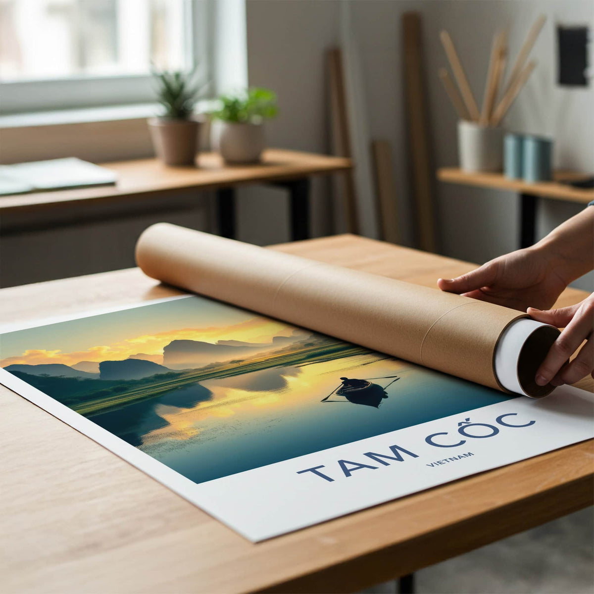 Tam Coc Poster - Vietnam Travel Print - Boat Mountain Sunset Wall Decor