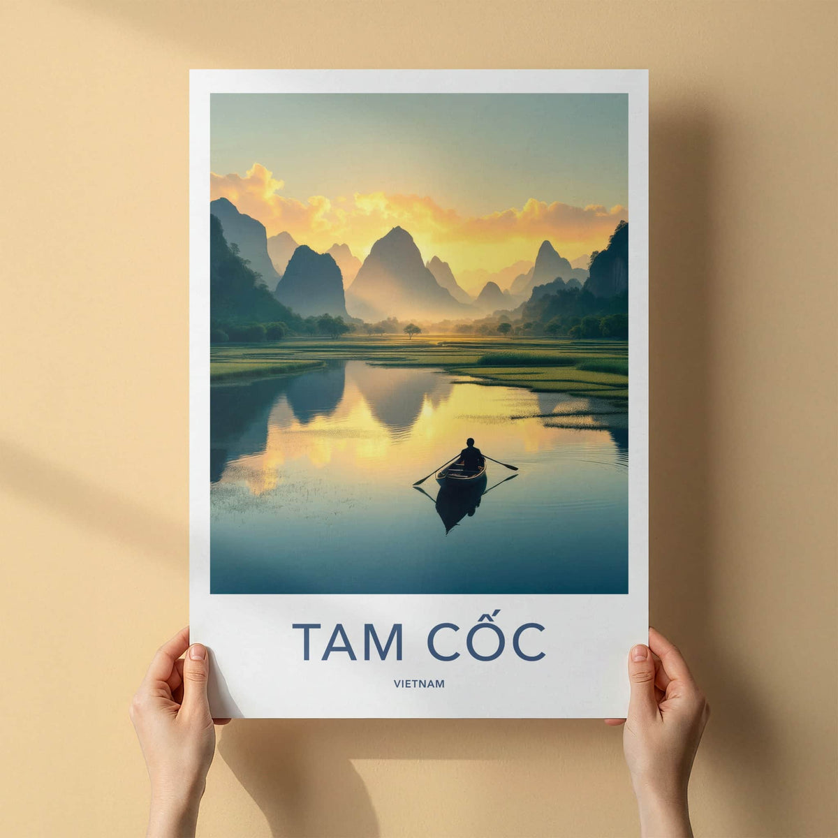 Tam Coc Poster - Vietnam Travel Print - Boat Mountain Sunset Wall Decor