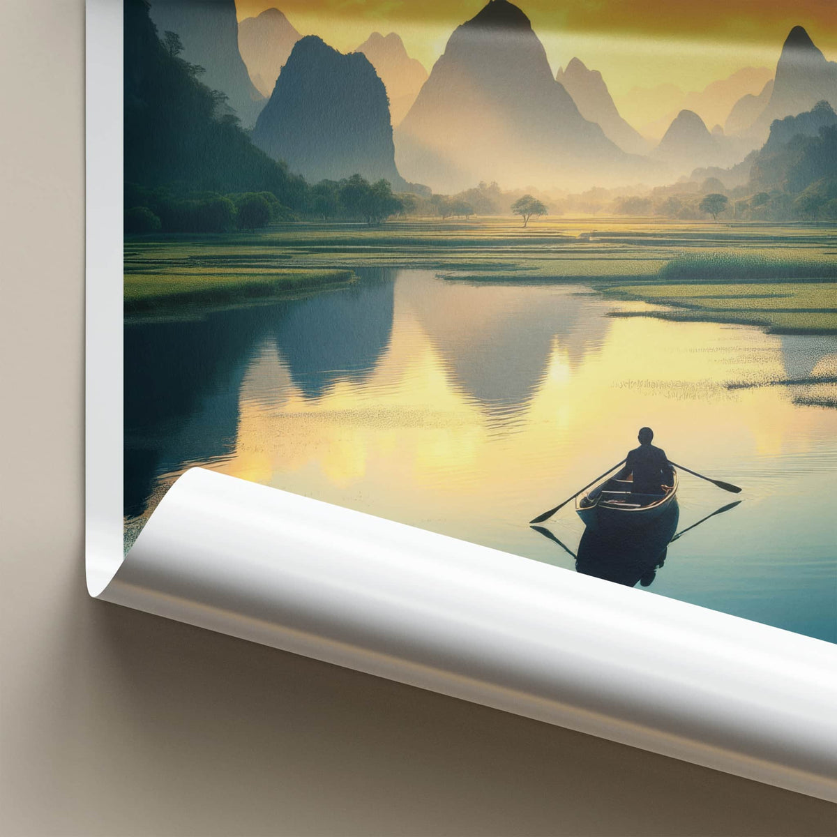 Tam Coc Poster - Vietnam Travel Print - Boat Mountain Sunset Wall Decor