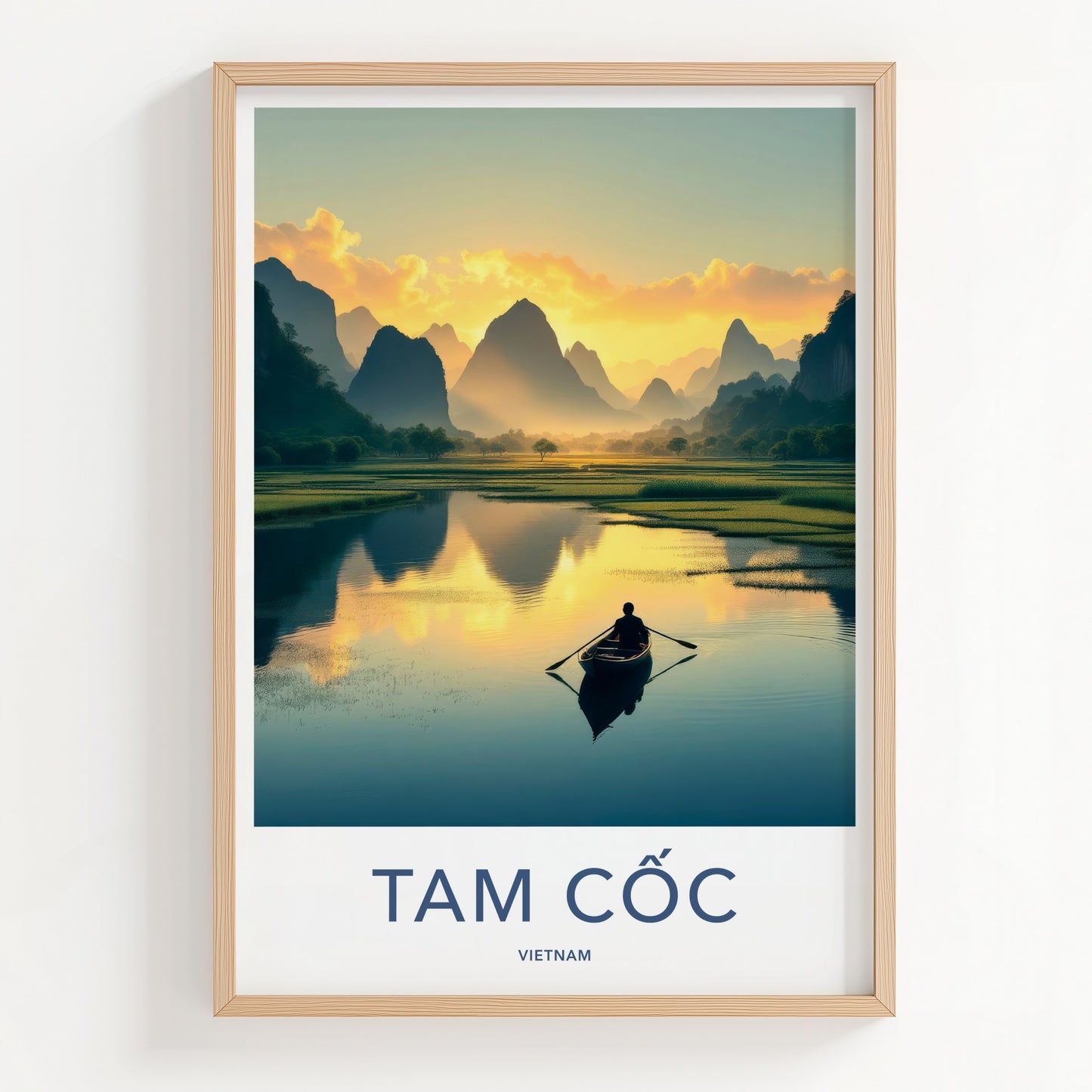 Tam Coc Poster - Vietnam Travel Print - Boat Mountain Sunset Wall Decor