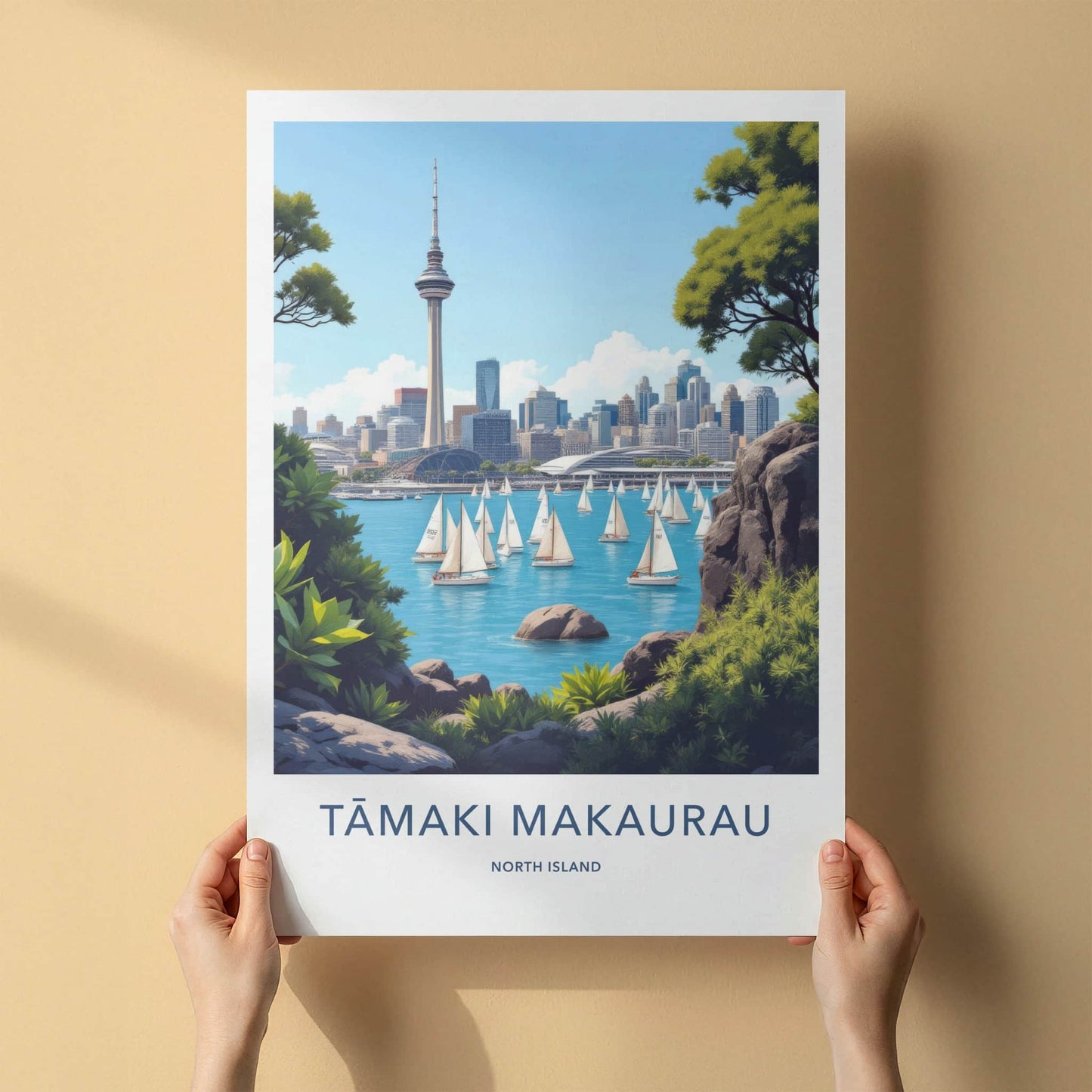 Tamaki Makaurau Poster - New Zealand Travel Art - Sky Tower Sailboats Home Decor