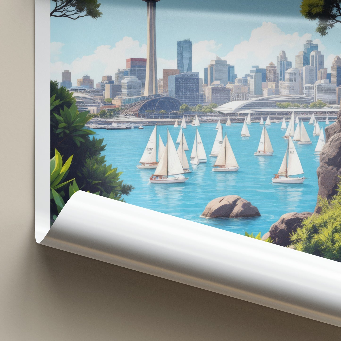 Tamaki Makaurau Poster - New Zealand Travel Art - Sky Tower Sailboats Home Decor
