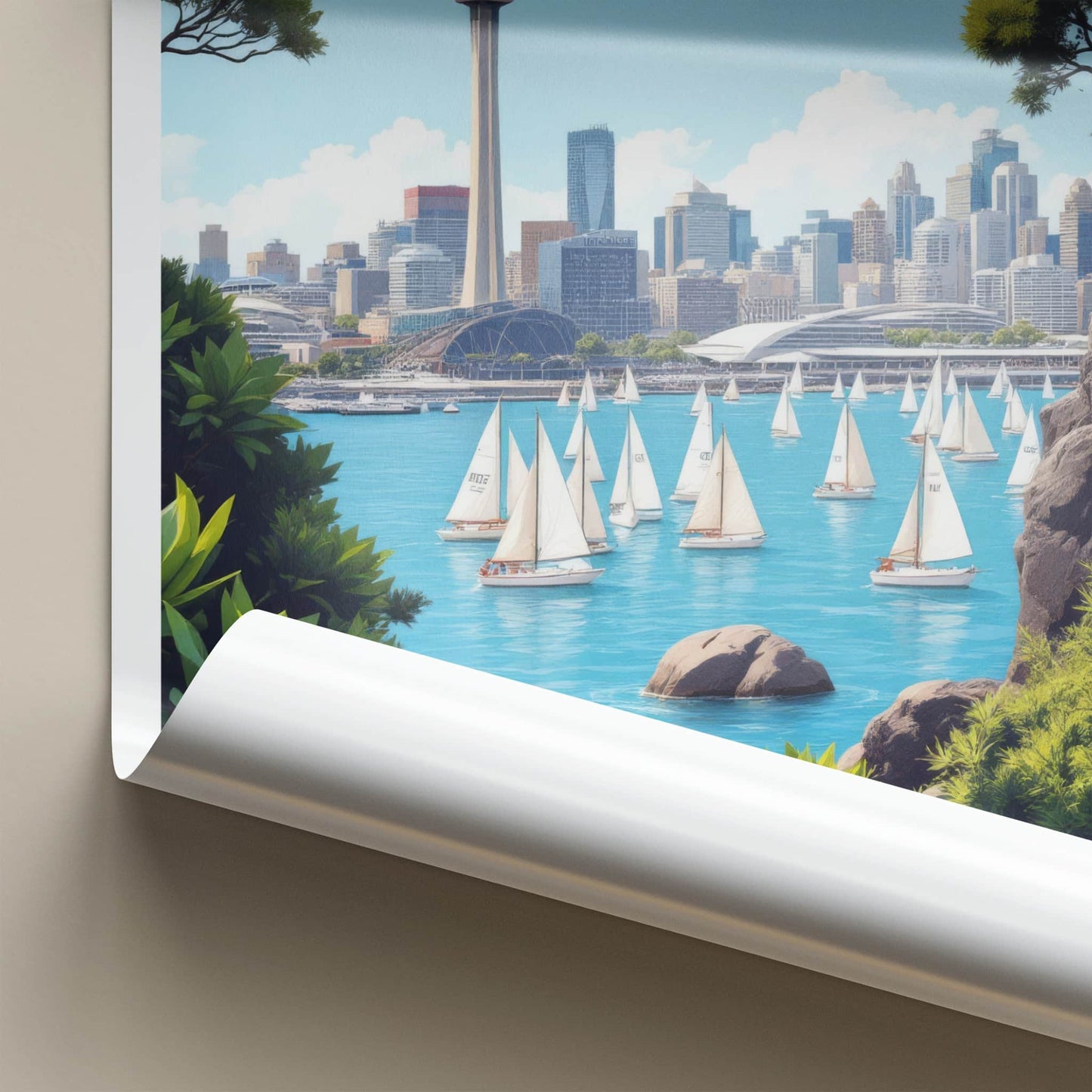 Tamaki Makaurau Poster - New Zealand Travel Art - Sky Tower Sailboats Home Decor