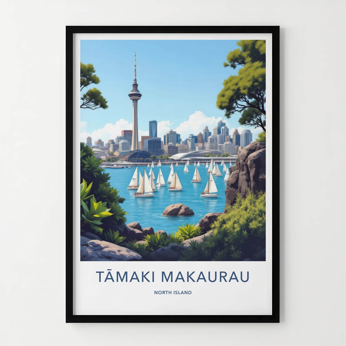 Tamaki Makaurau Poster - New Zealand Travel Art - Sky Tower Sailboats Home Decor