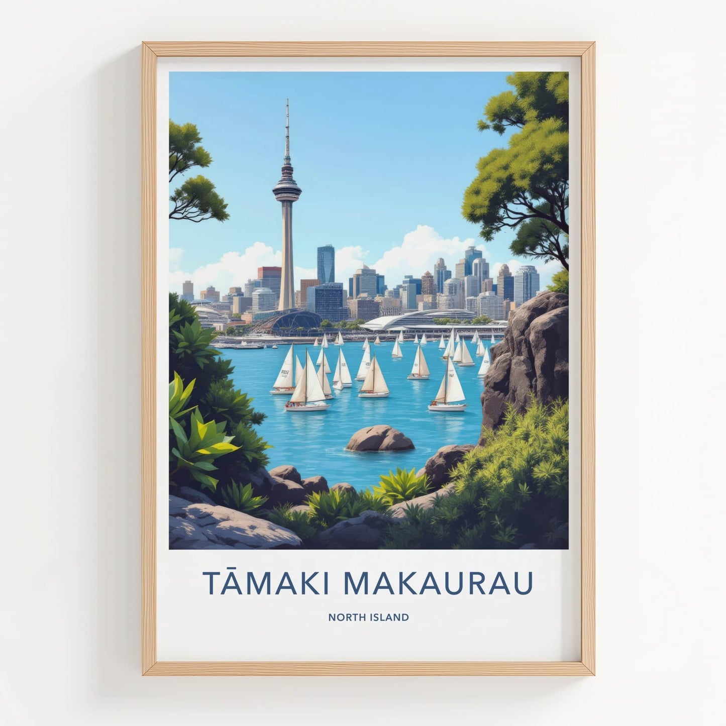 Tamaki Makaurau Poster - New Zealand Travel Art - Sky Tower Sailboats Home Decor