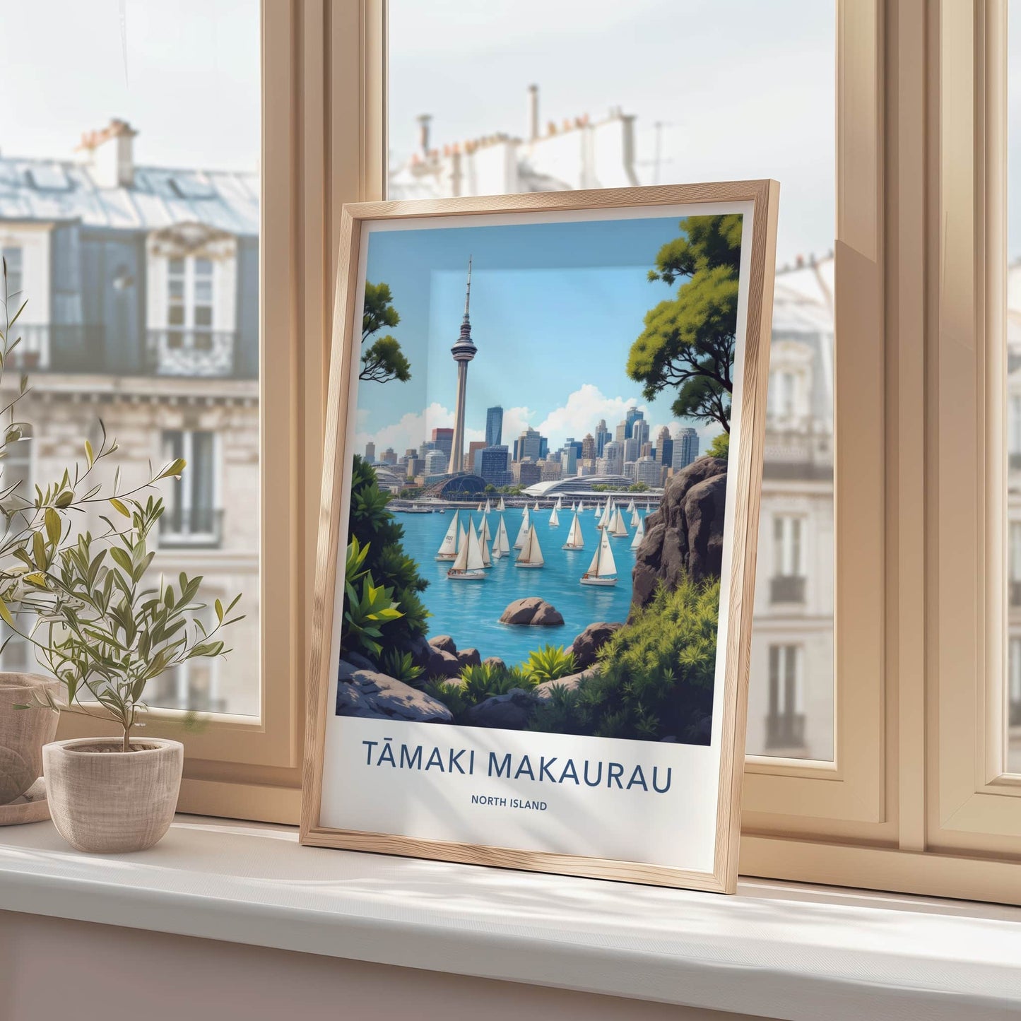 Tamaki Makaurau Poster - New Zealand Travel Art - Sky Tower Sailboats Home Decor