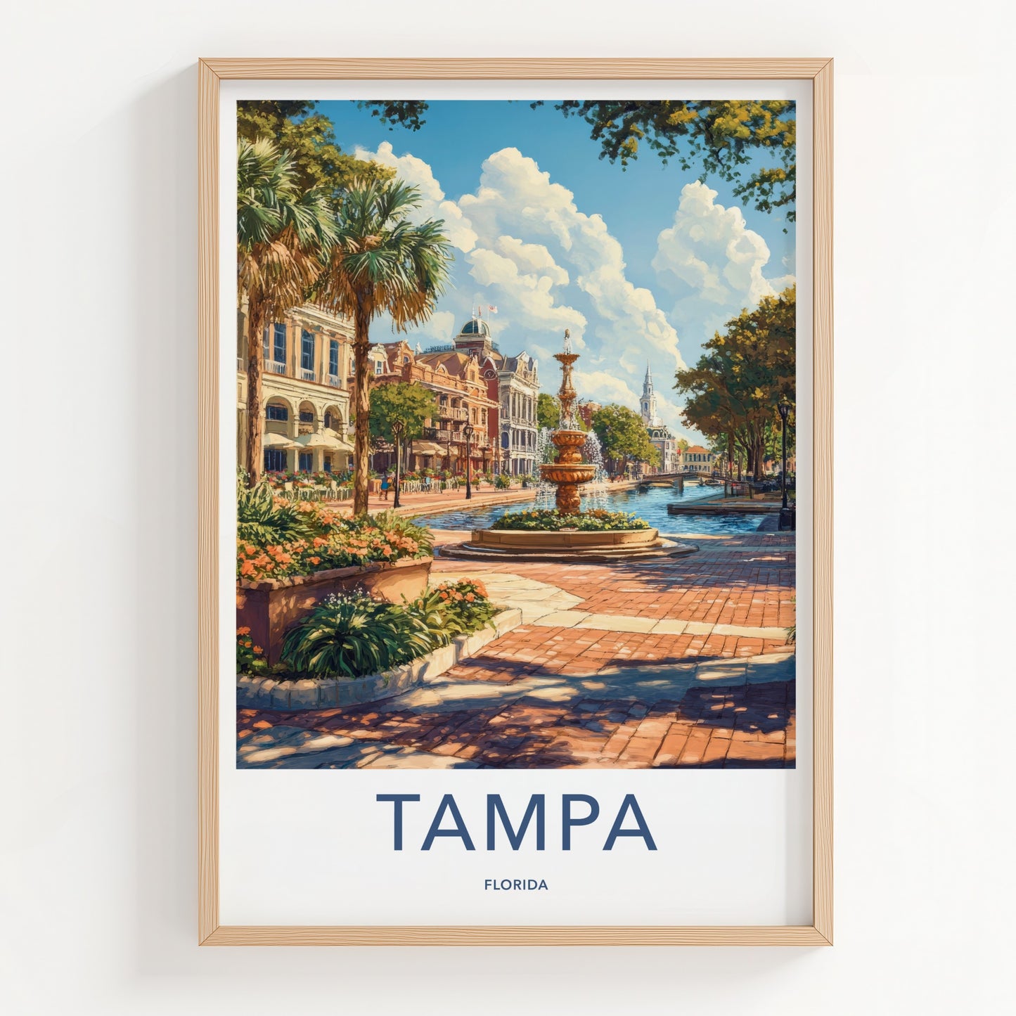 Tampa Poster - Florida Travel Art - Waterfront City Fountain Home Decor