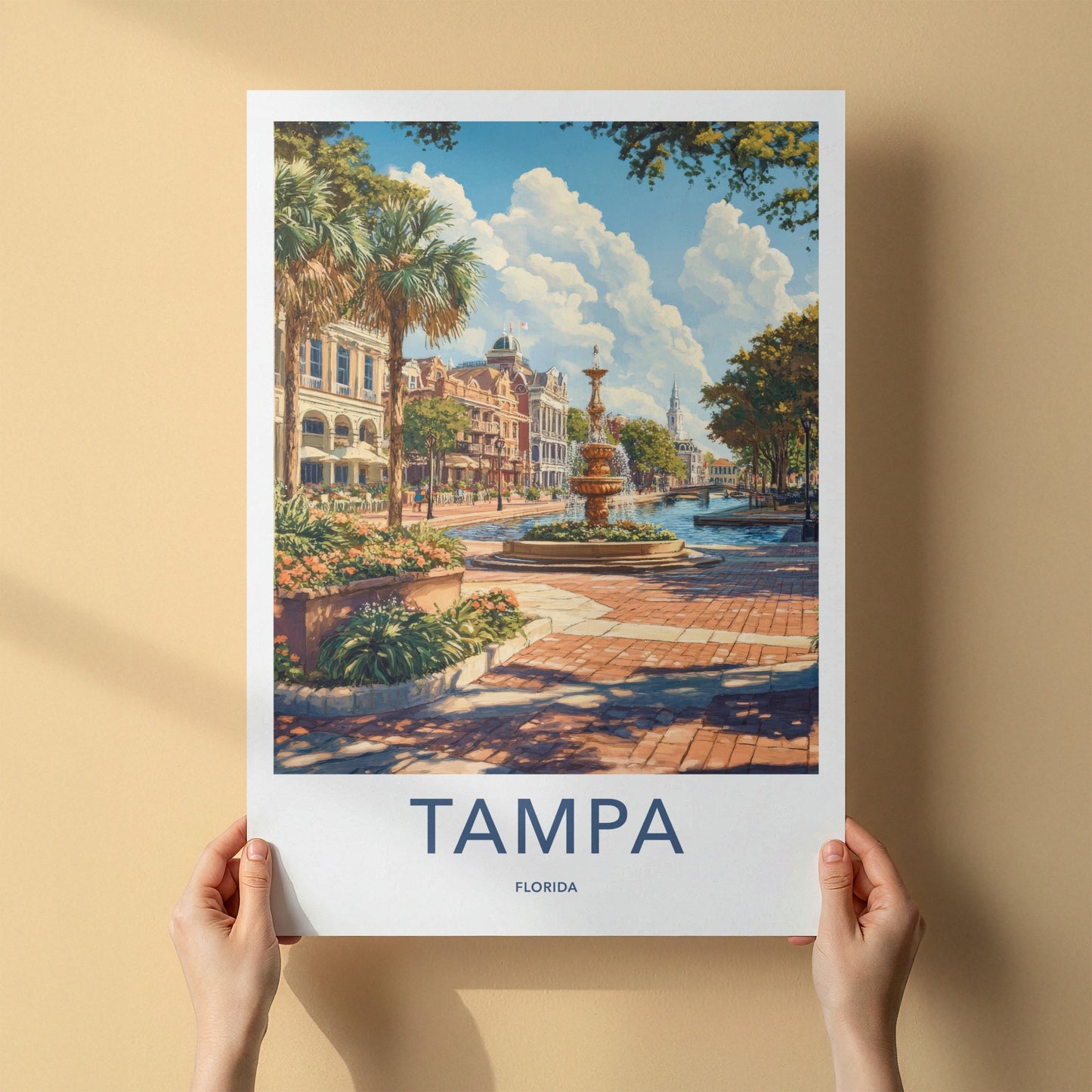 Tampa Poster - Florida Travel Art - Waterfront City Fountain Home Decor