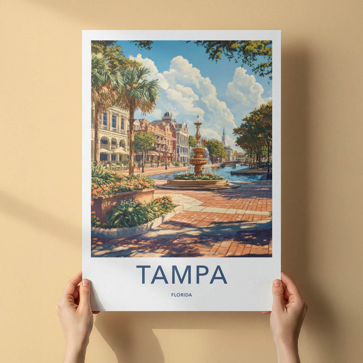 Tampa Poster - Florida Travel Art - Waterfront City Fountain Home Decor
