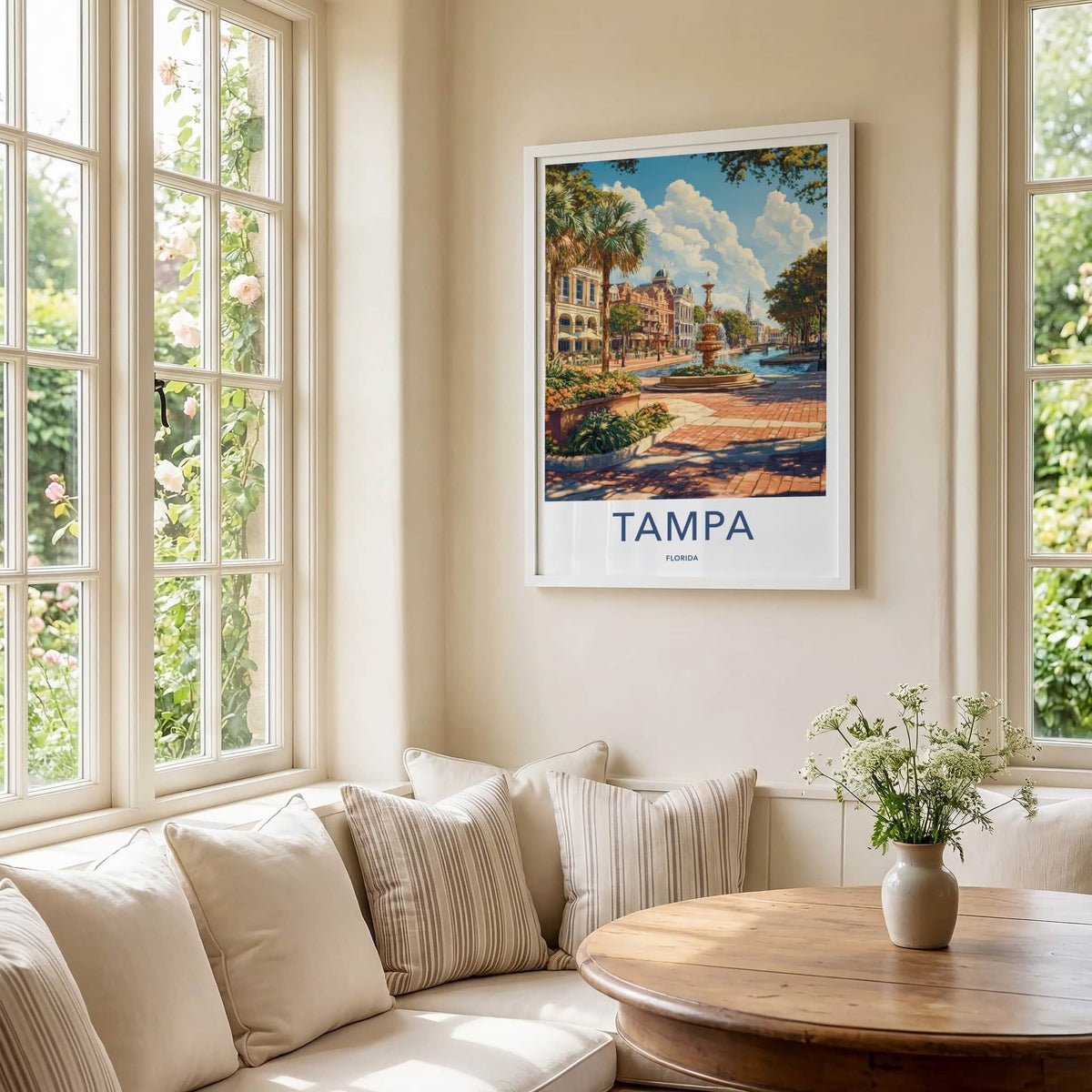 Tampa Poster - Florida Travel Art - Waterfront City Fountain Home Decor