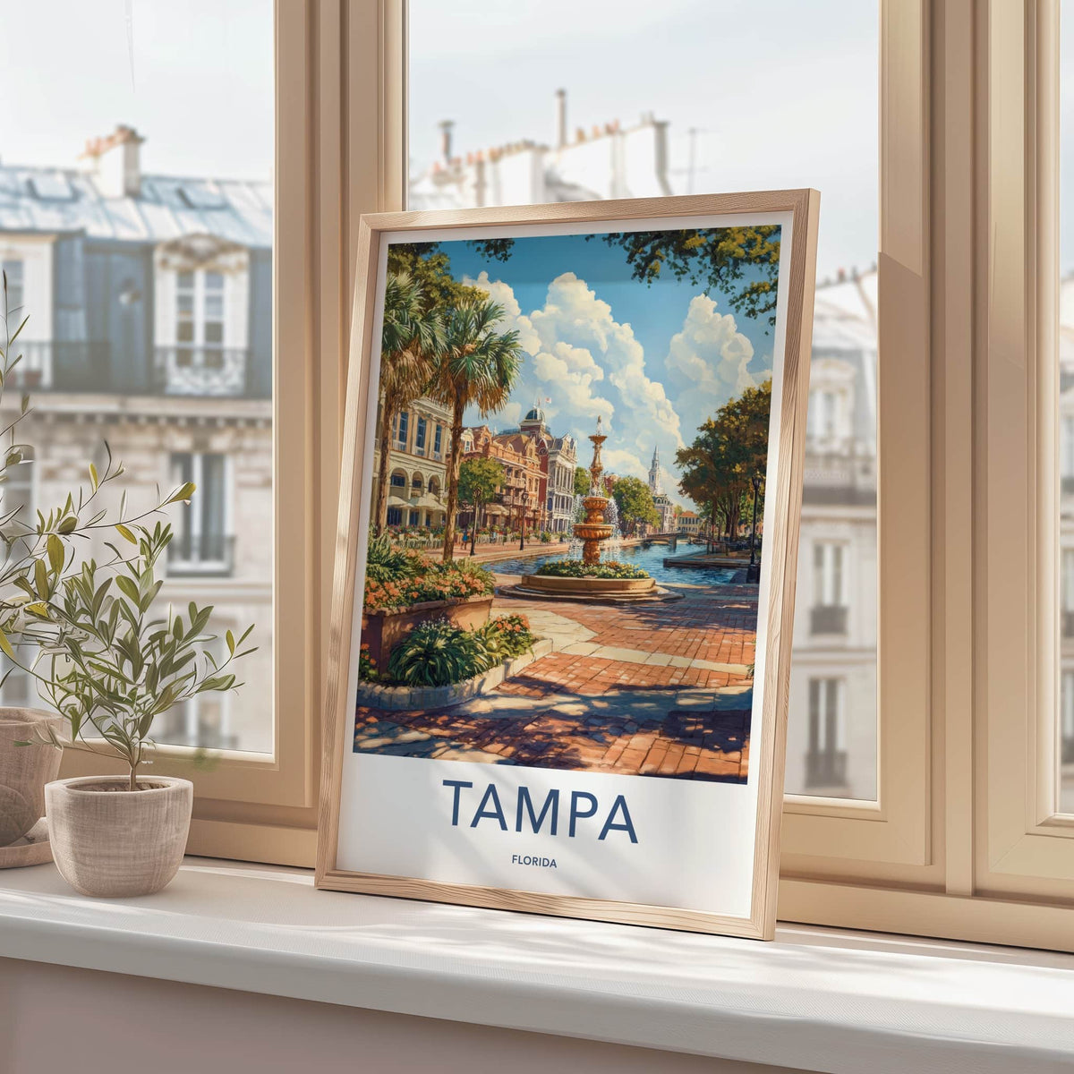 Tampa Poster - Florida Travel Art - Waterfront City Fountain Home Decor