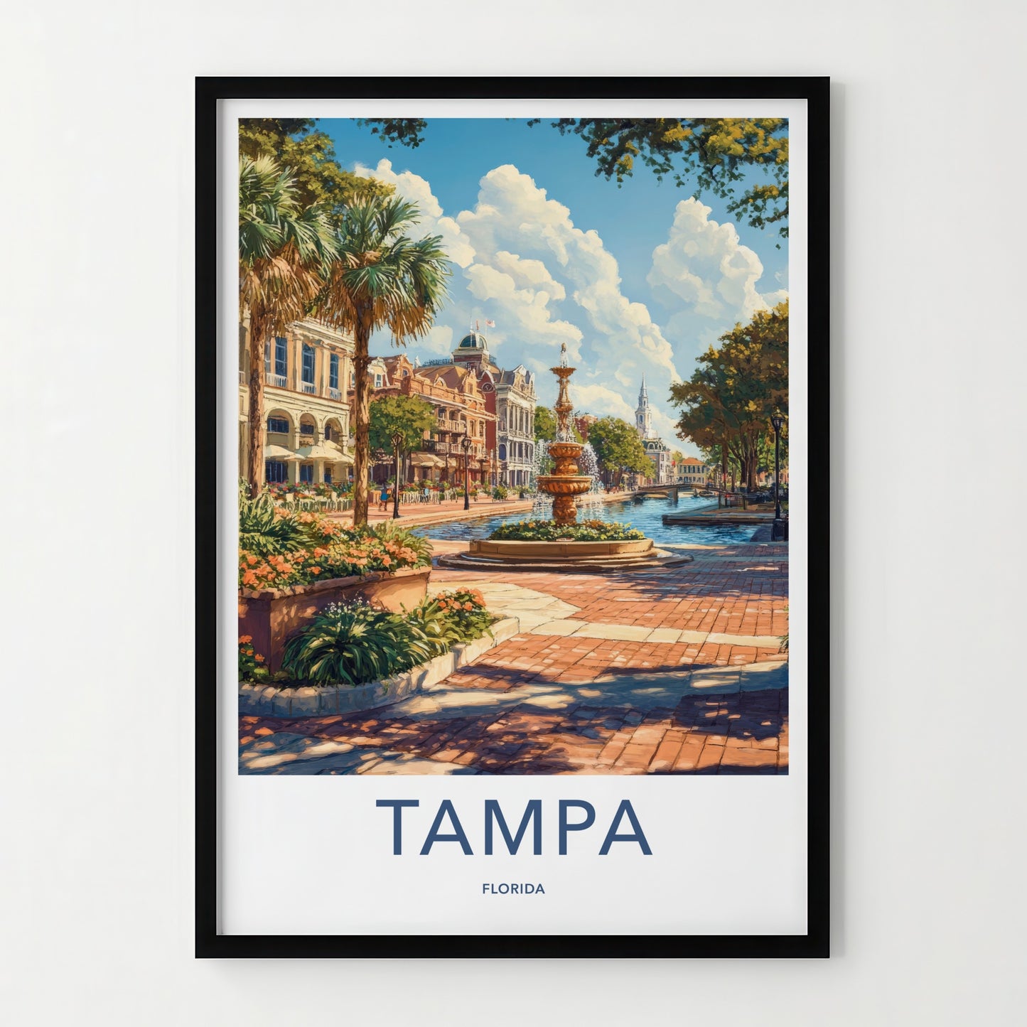 Tampa Poster - Florida Travel Art - Waterfront City Fountain Home Decor