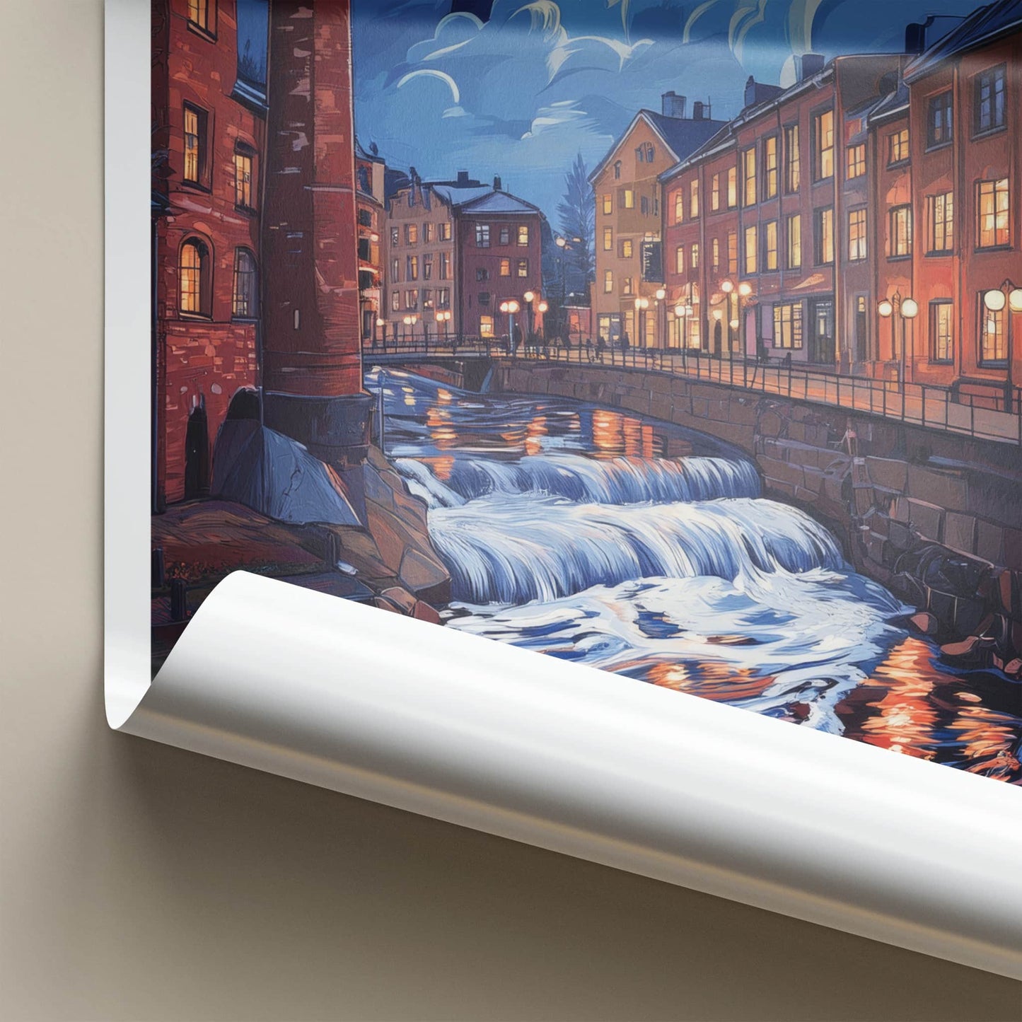 Tampere Poster - Finland Travel Art - Cascading River Illuminated Home Decor