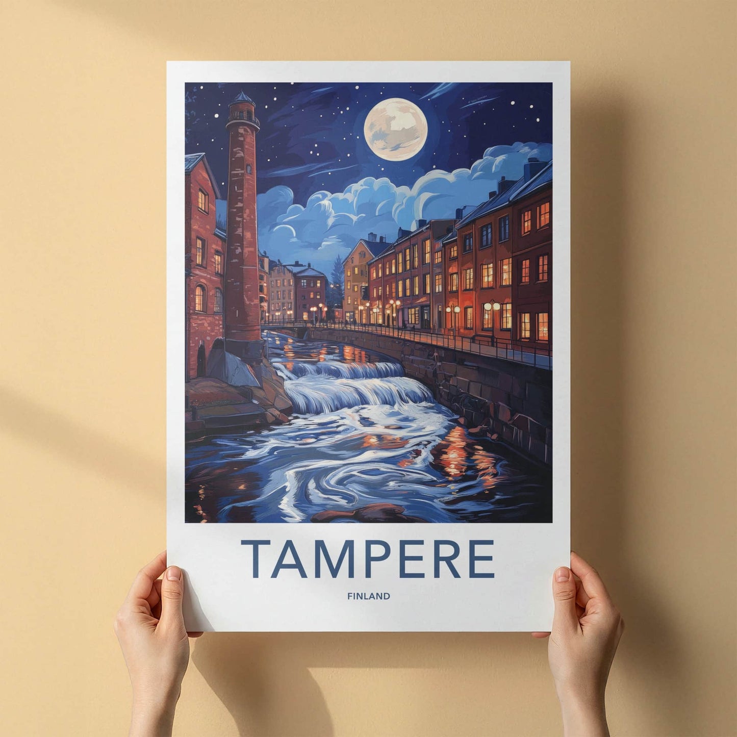 Tampere Poster - Finland Travel Art - Cascading River Illuminated Home Decor
