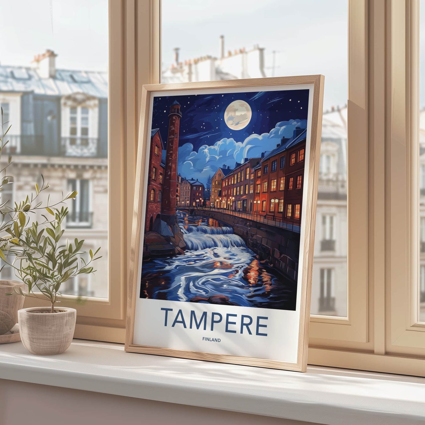 Tampere Poster - Finland Travel Art - Cascading River Illuminated Home Decor