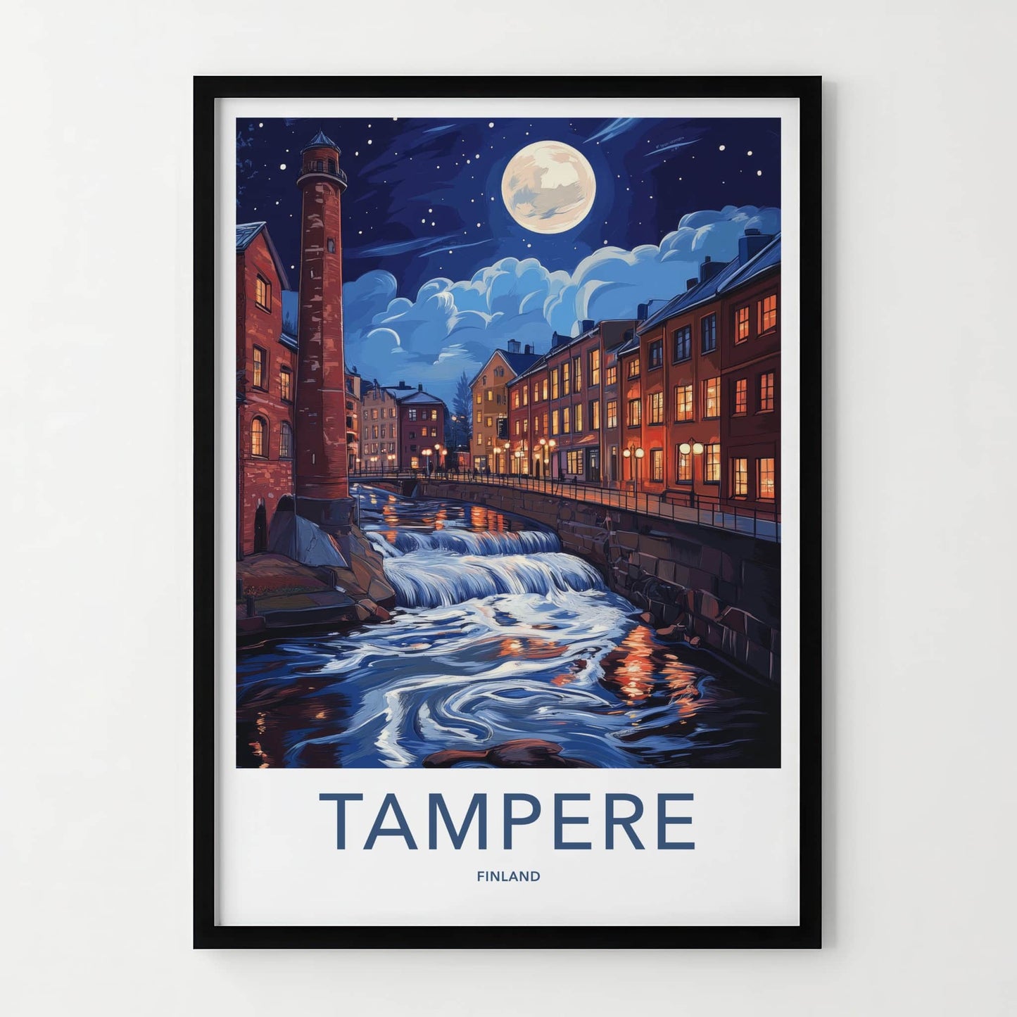 Tampere Poster - Finland Travel Art - Cascading River Illuminated Home Decor