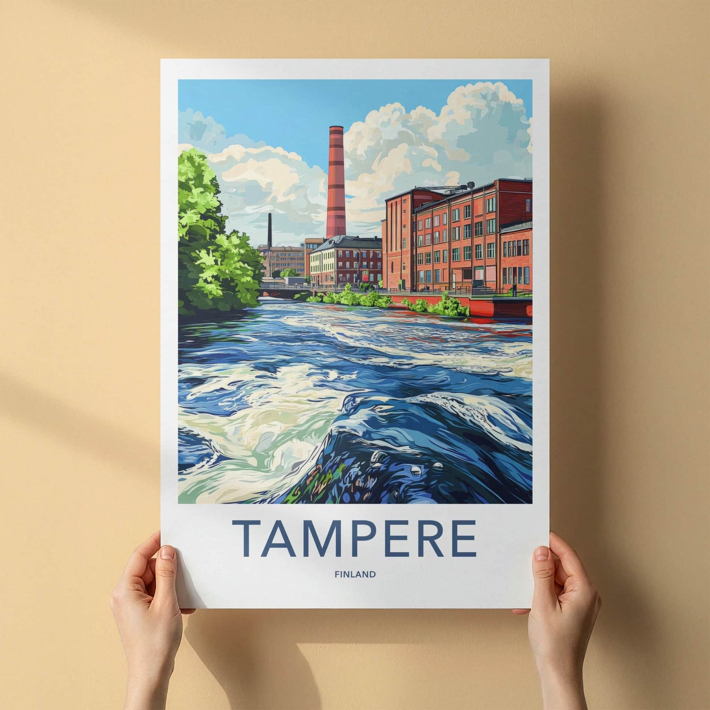 Tampere Poster - Finland Travel Art - Historic Riverfront Cityscape Home Decor