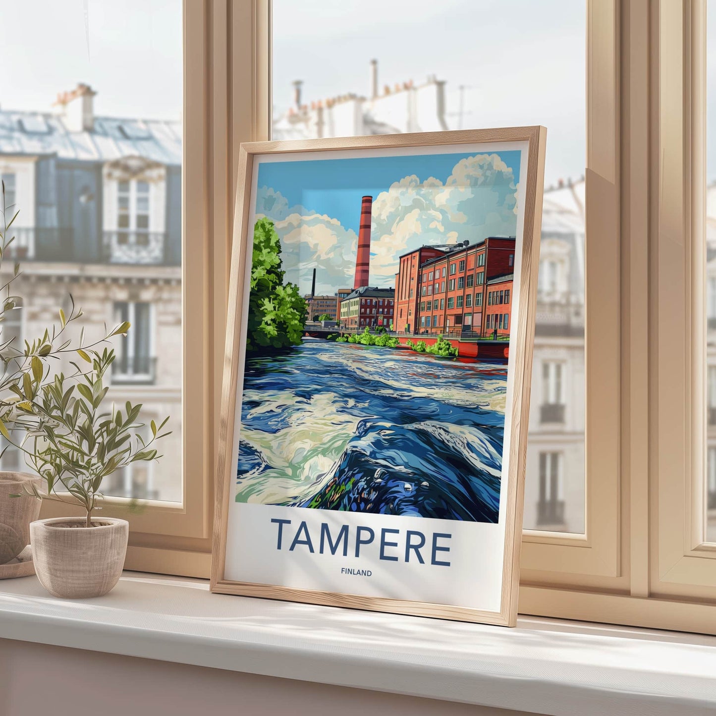 Tampere Poster - Finland Travel Art - Historic Riverfront Cityscape Home Decor