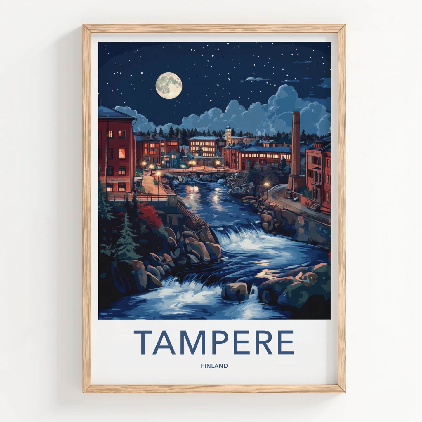 Tampere Poster - Finland Travel Art - Moonlit City River Home Decor