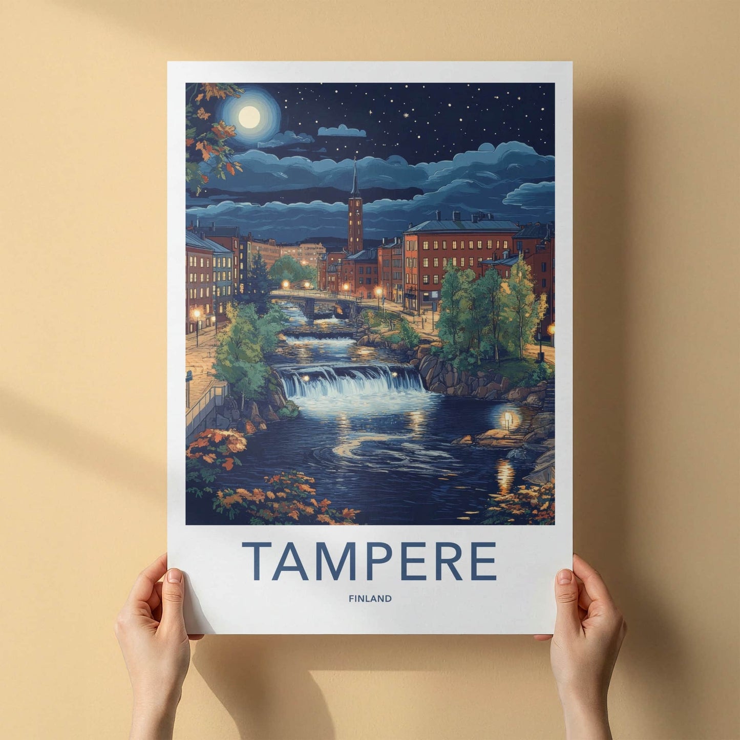 Tampere Poster - Finland Travel Art - Moonlit Cityscape Falls Home Decor