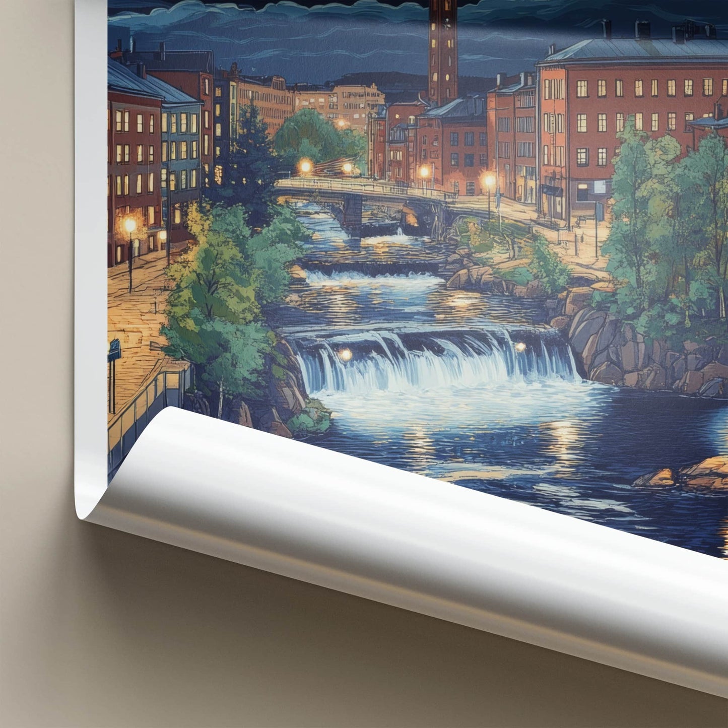 Tampere Poster - Finland Travel Art - Moonlit Cityscape Falls Home Decor