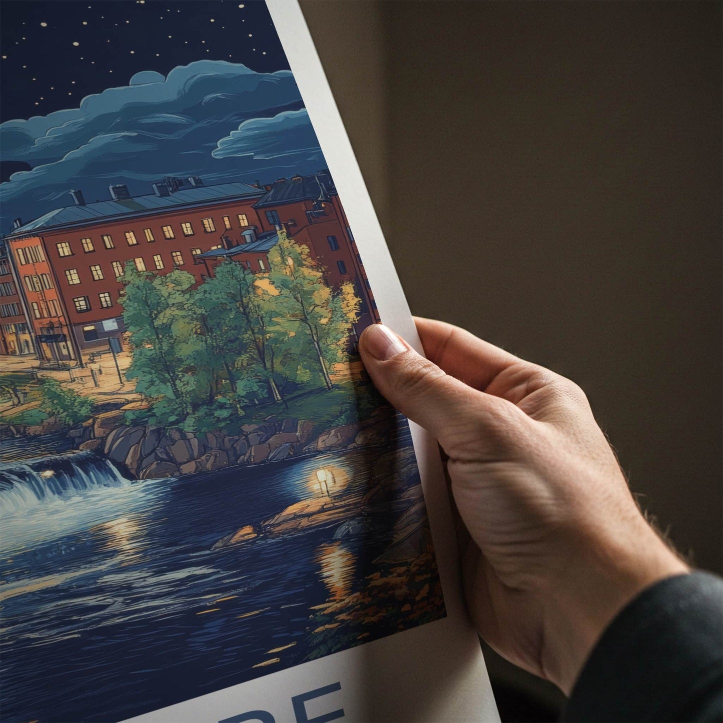 Tampere Poster - Finland Travel Art - Moonlit Cityscape Falls Home Decor