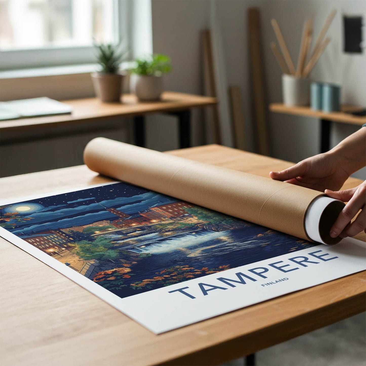 Tampere Poster - Finland Travel Art - Moonlit Cityscape Falls Home Decor