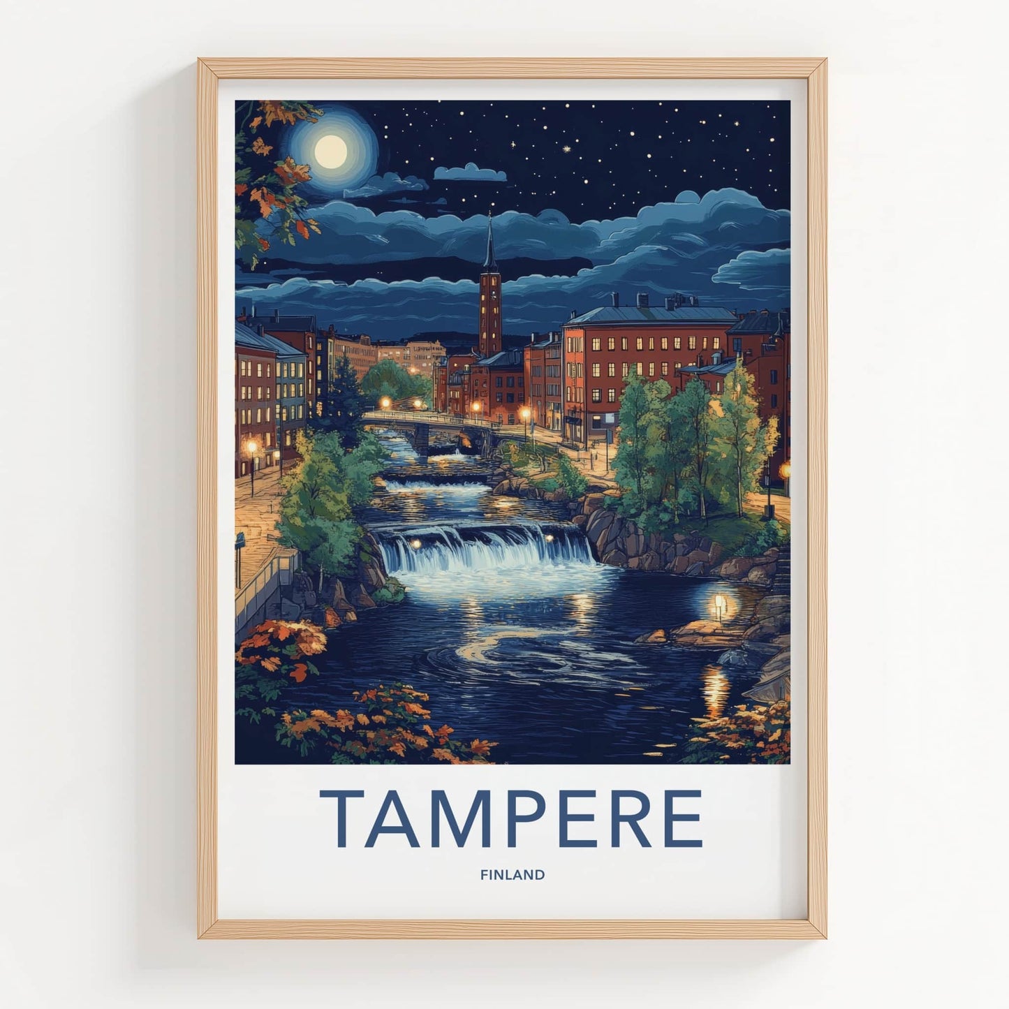 Tampere Poster - Finland Travel Art - Moonlit Cityscape Falls Home Decor