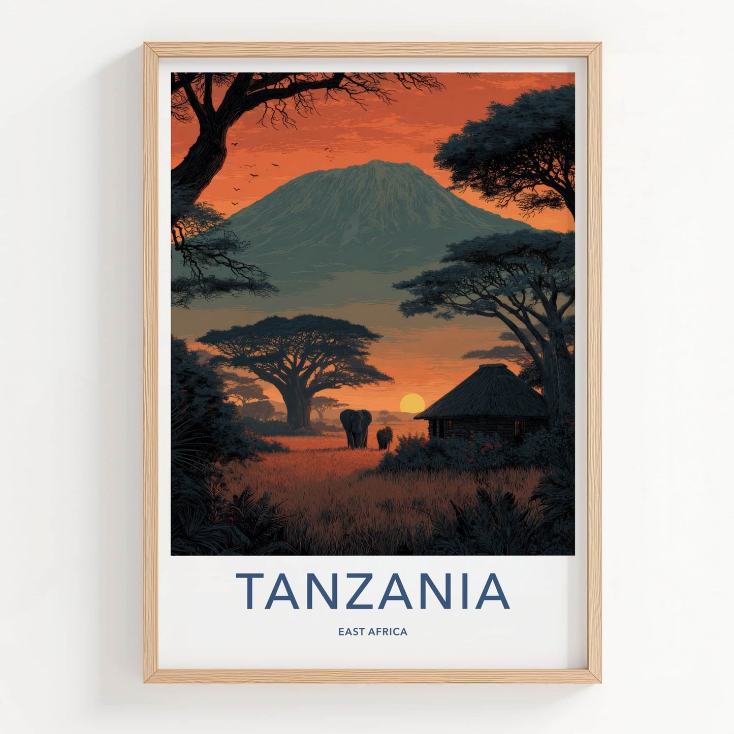 Tanzania Poster - Africa Travel Art - Kilimanjaro Sunset Elephants Home Decor