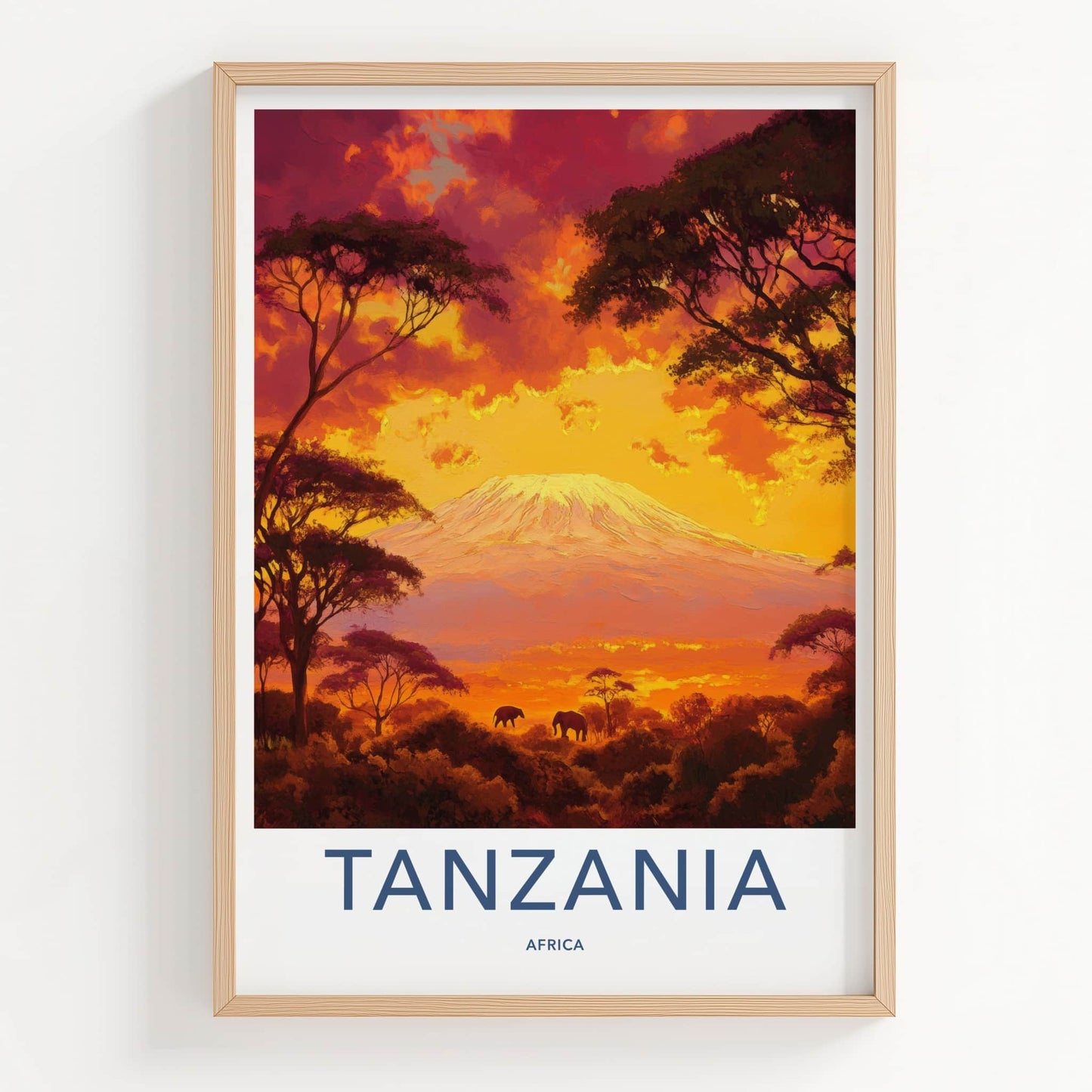 Tanzania Poster - Tanzania Travel Art - Fiery Sunset Elephants Home Decor