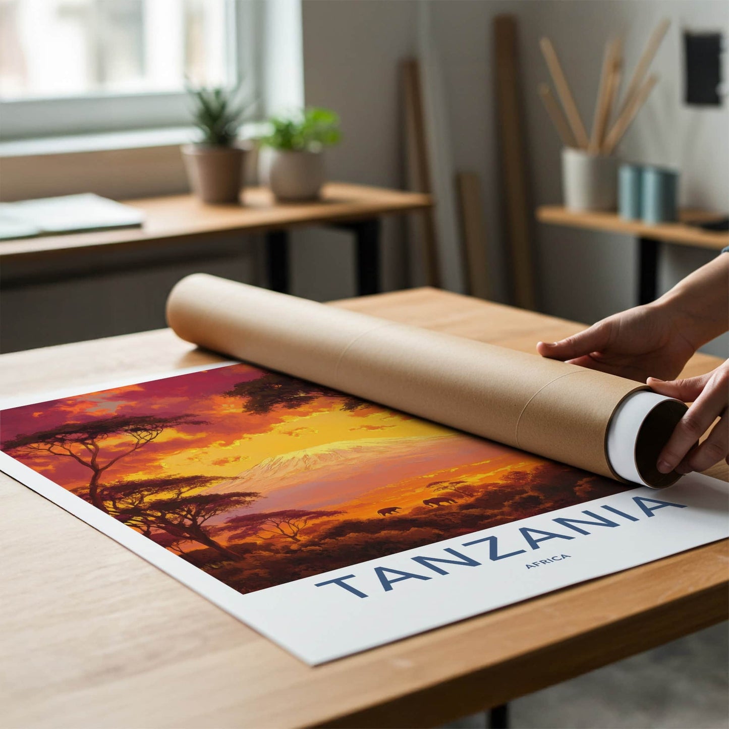 Tanzania Poster - Tanzania Travel Art - Fiery Sunset Elephants Home Decor