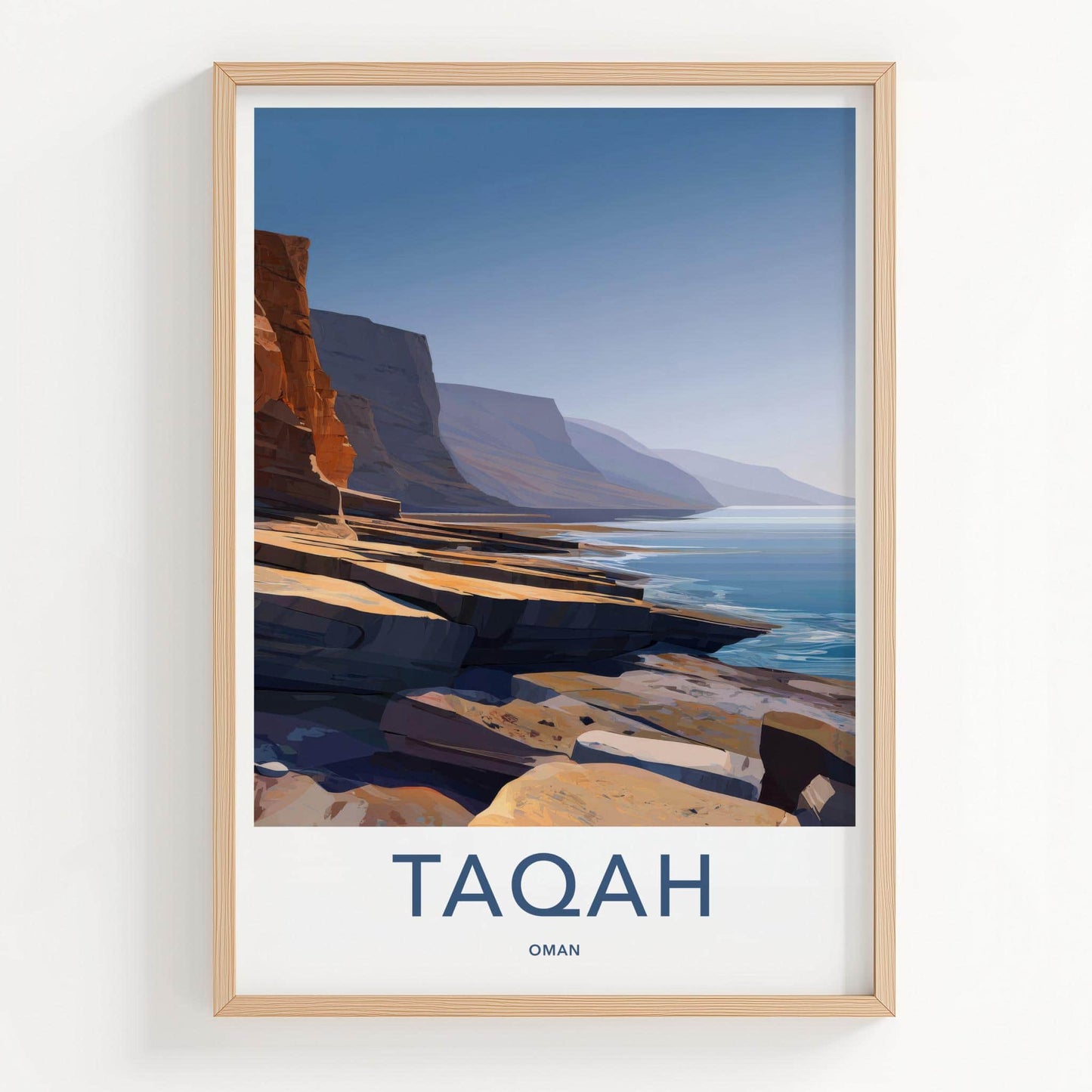 TAQAH Poster - Oman Travel Art - Coastal Cliff Waters Home Decor