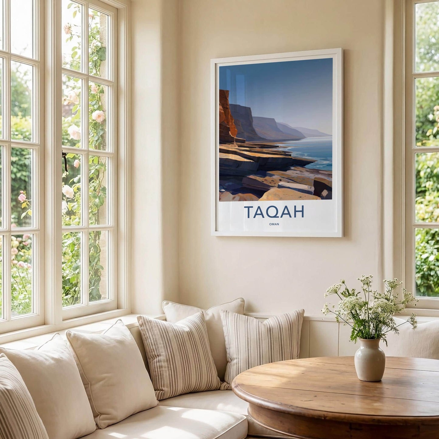 TAQAH Poster - Oman Travel Art - Coastal Cliff Waters Home Decor