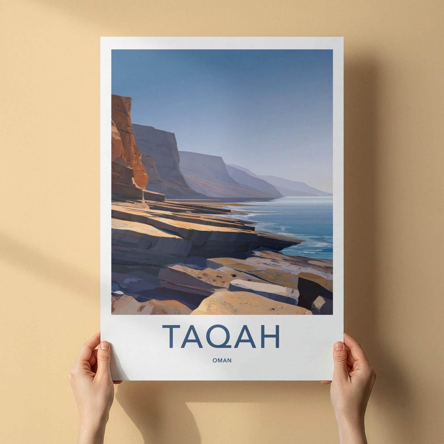 TAQAH Poster - Oman Travel Art - Coastal Cliff Waters Home Decor
