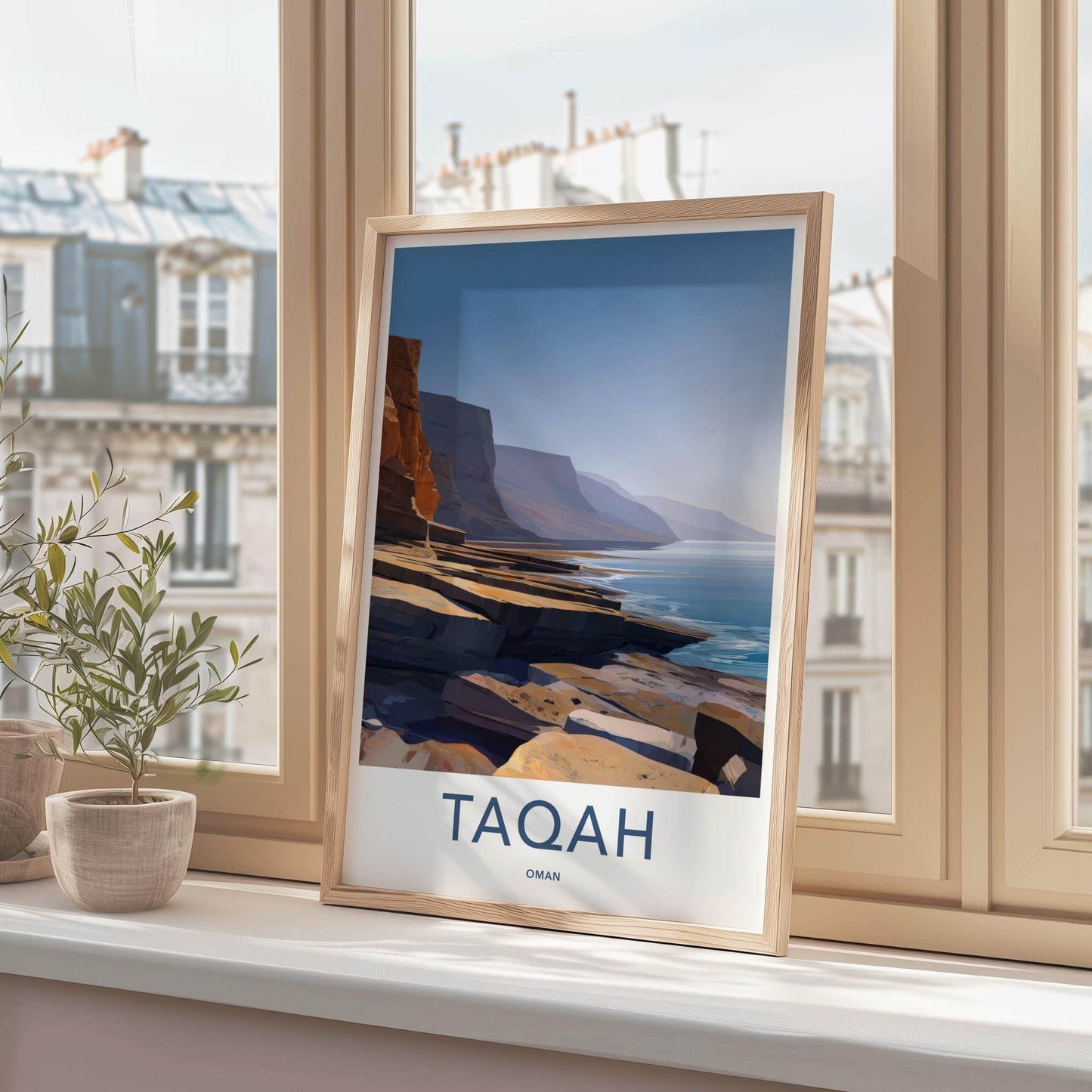 TAQAH Poster - Oman Travel Art - Coastal Cliff Waters Home Decor