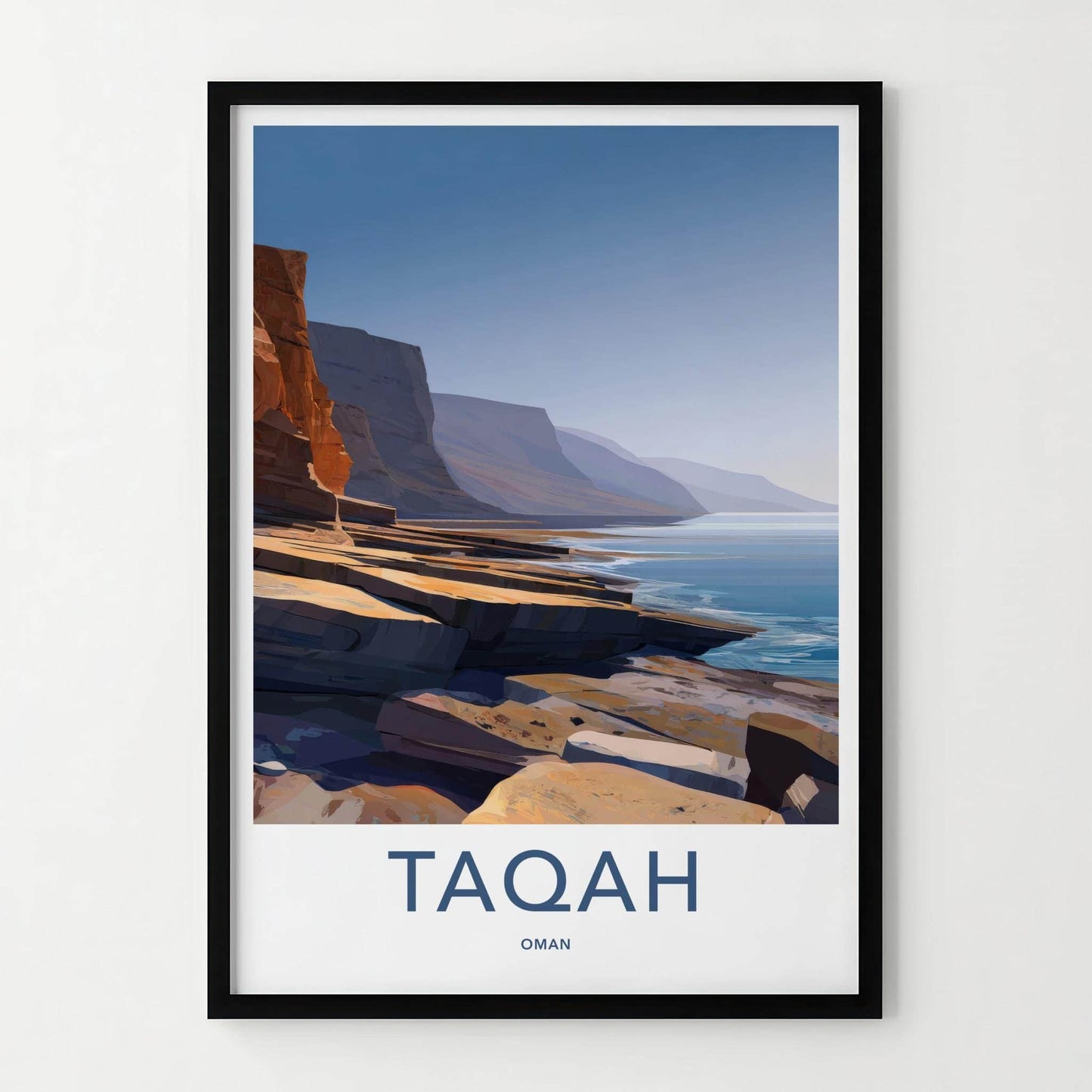 TAQAH Poster - Oman Travel Art - Coastal Cliff Waters Home Decor