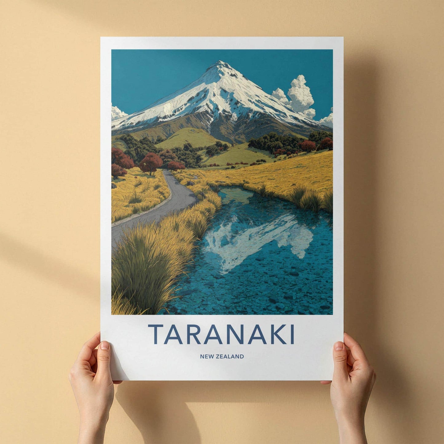 Taranaki Poster - New Zealand Travel Art - Snowy Peak Reflection Wall Decor