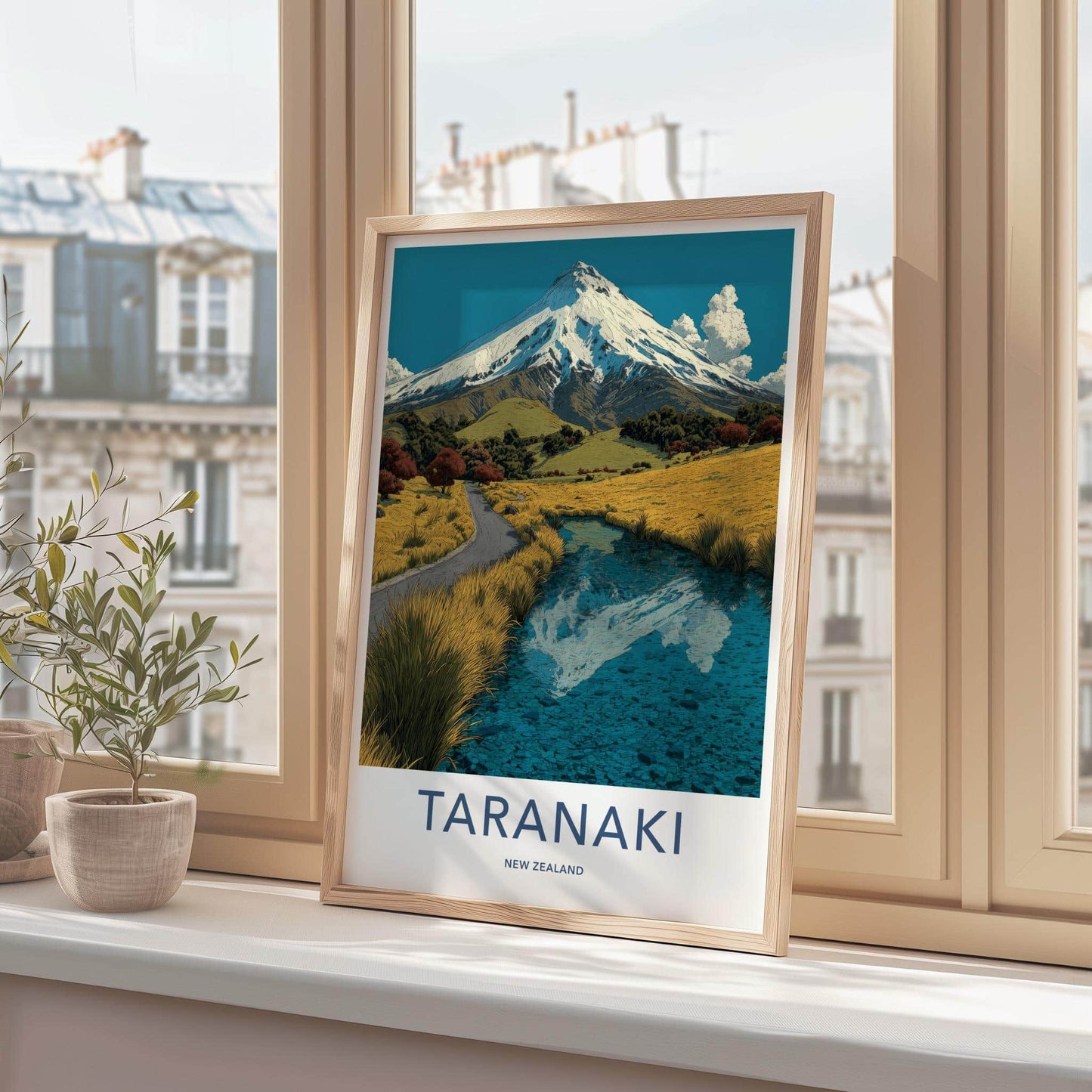 Taranaki Poster - New Zealand Travel Art - Snowy Peak Reflection Wall Decor