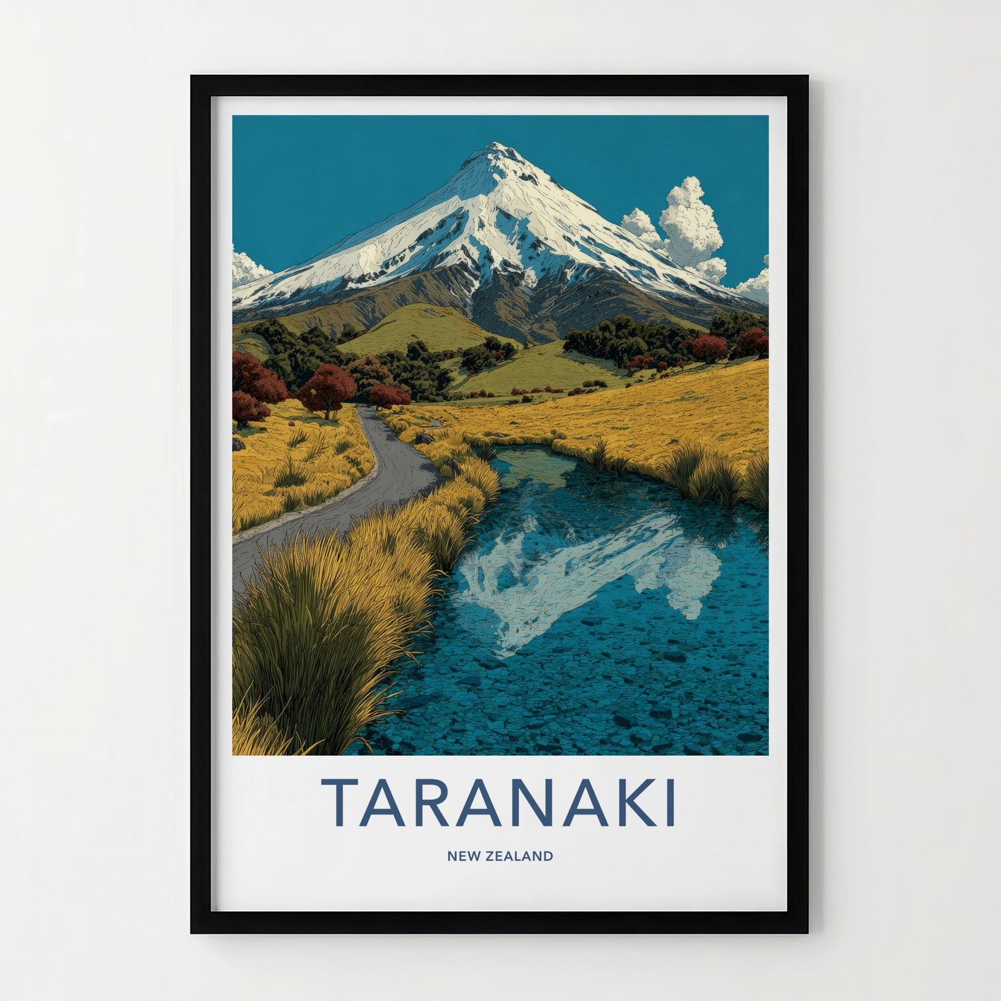 Taranaki Poster - New Zealand Travel Art - Snowy Peak Reflection Wall Decor