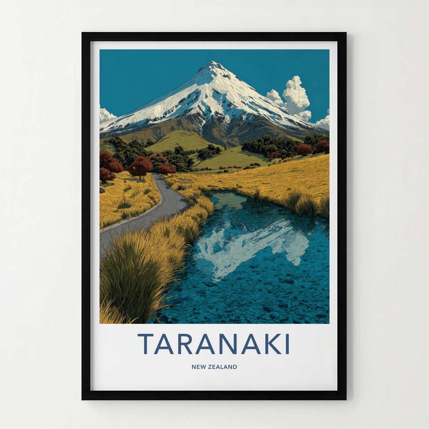Taranaki Poster - New Zealand Travel Art - Snowy Peak Reflection Wall Decor