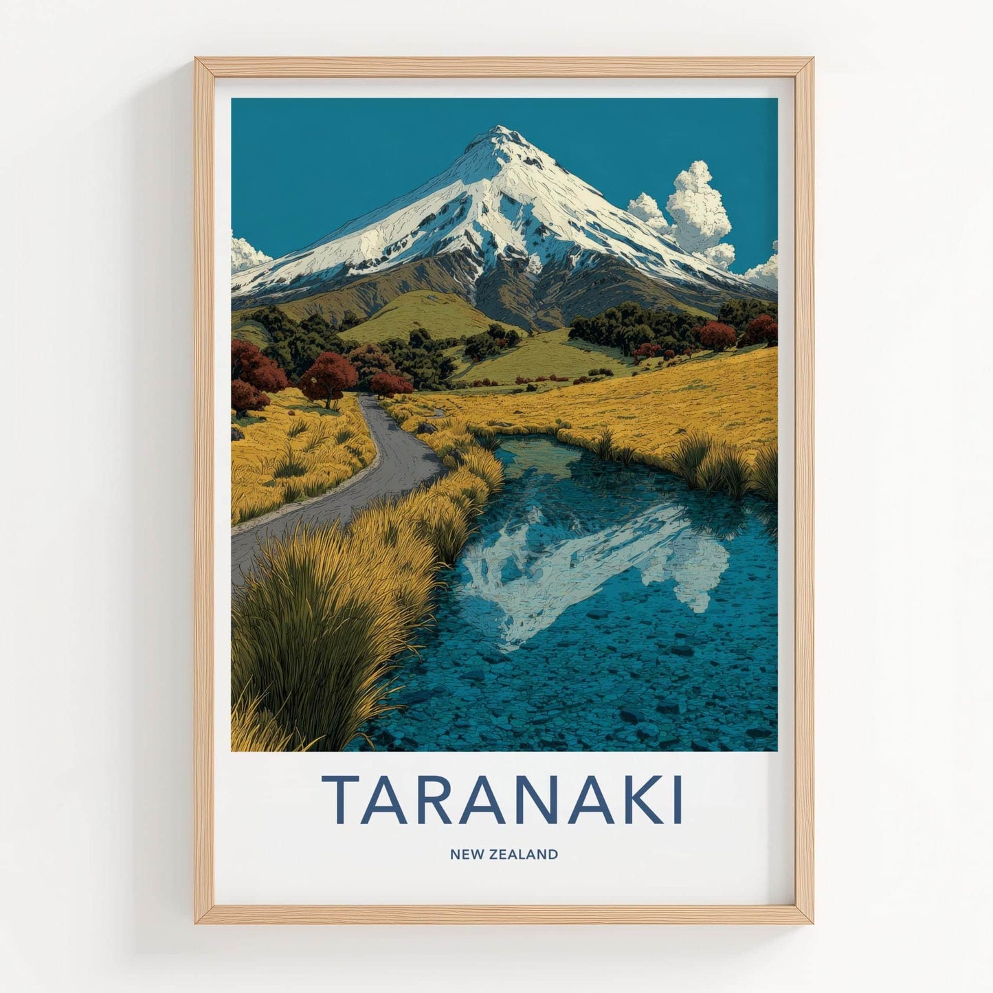 Taranaki Poster - New Zealand Travel Art - Snowy Peak Reflection Wall Decor