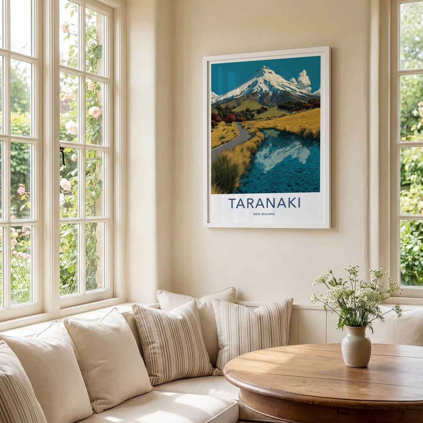 Taranaki Poster - New Zealand Travel Art - Snowy Peak Reflection Wall Decor