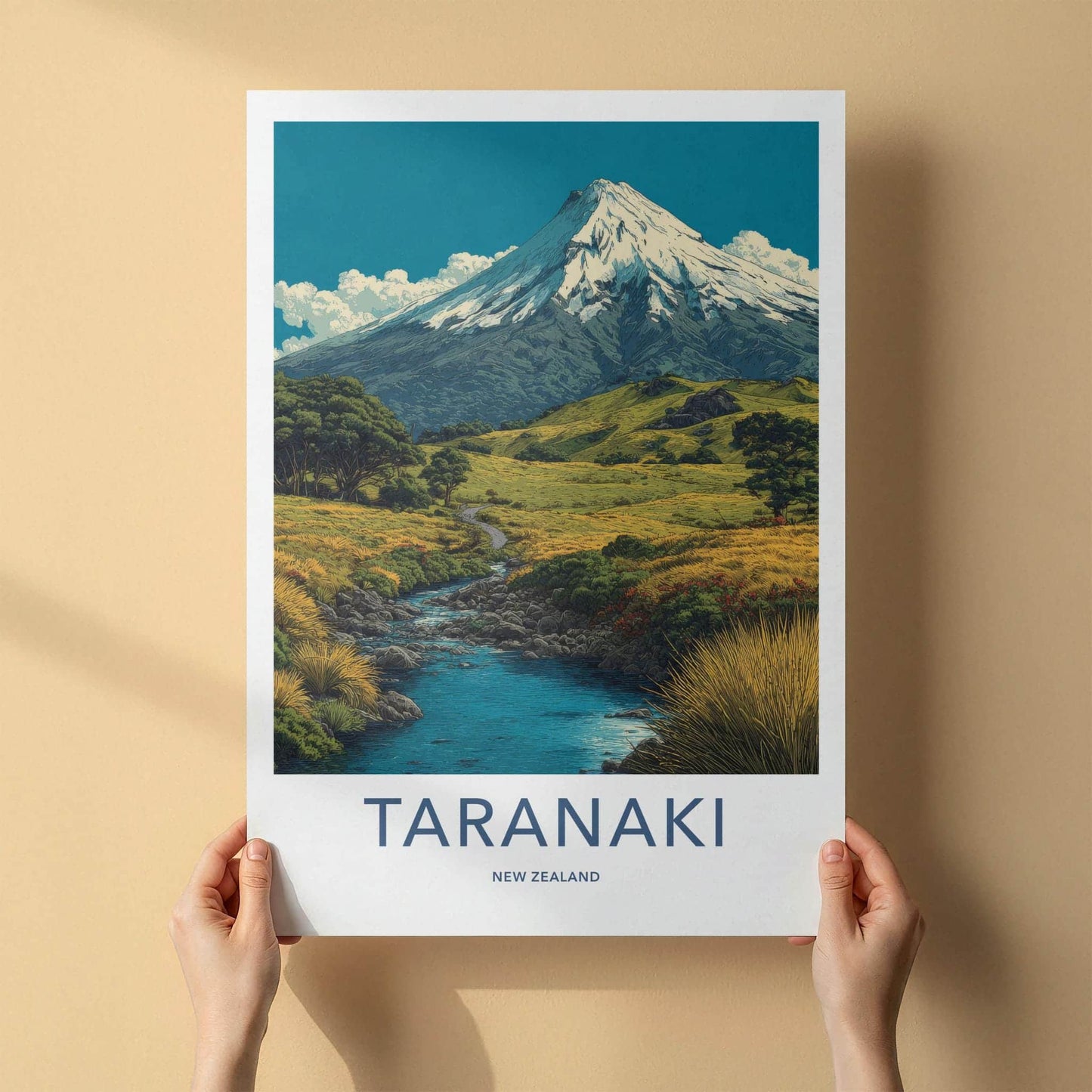 Taranaki Poster - New Zealand Wall Art - Snowy Peak Valley Home Decor