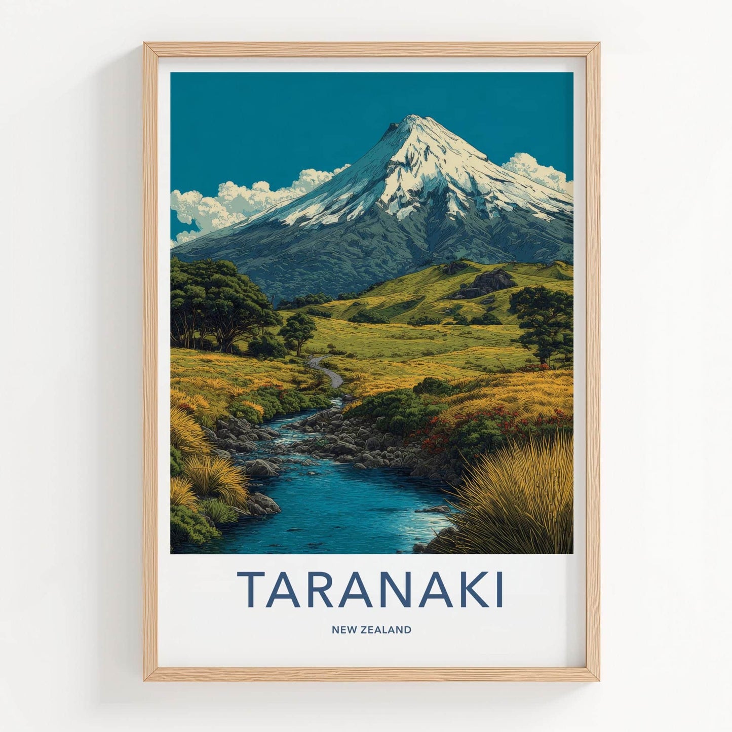 Taranaki Poster - New Zealand Wall Art - Snowy Peak Valley Home Decor