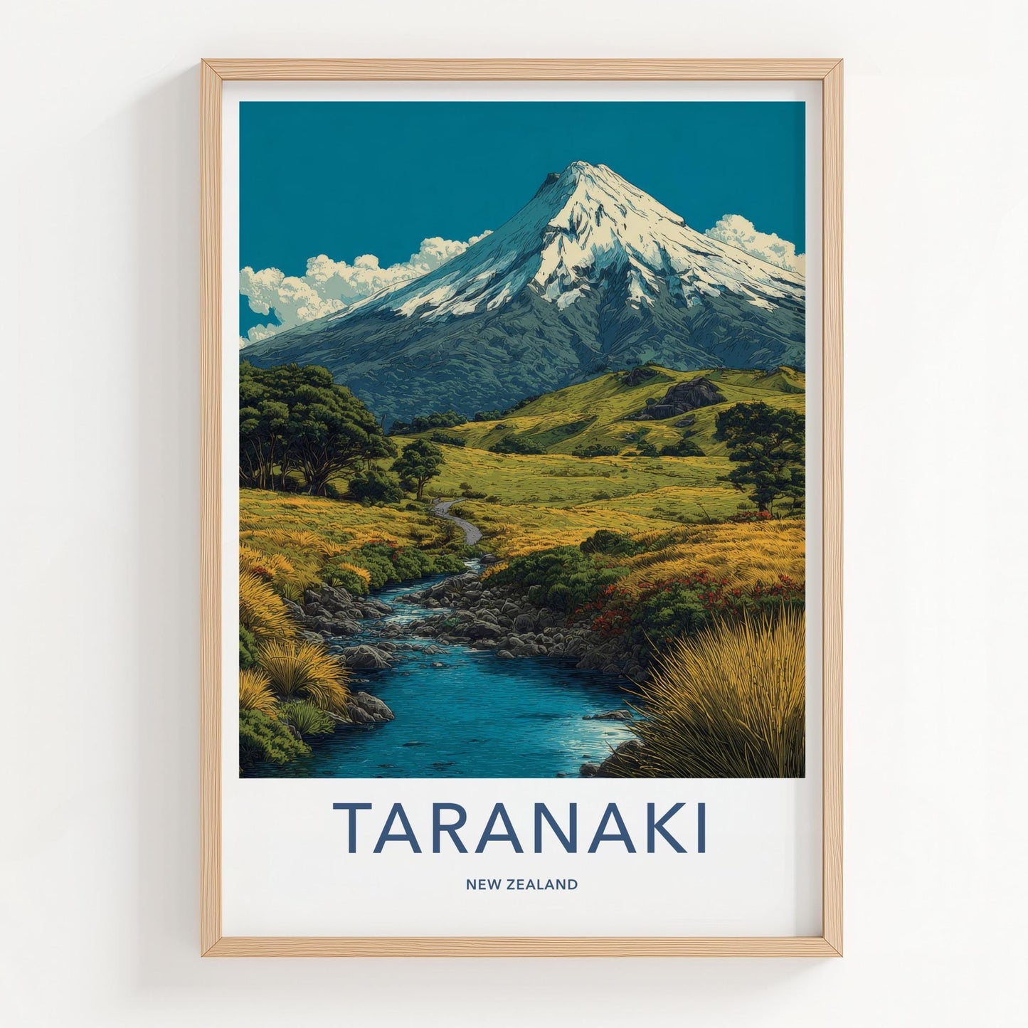 Taranaki Poster - New Zealand Wall Art - Snowy Peak Valley Home Decor