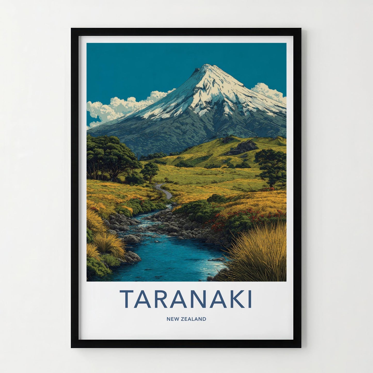 Taranaki Poster - New Zealand Wall Art - Snowy Peak Valley Home Decor
